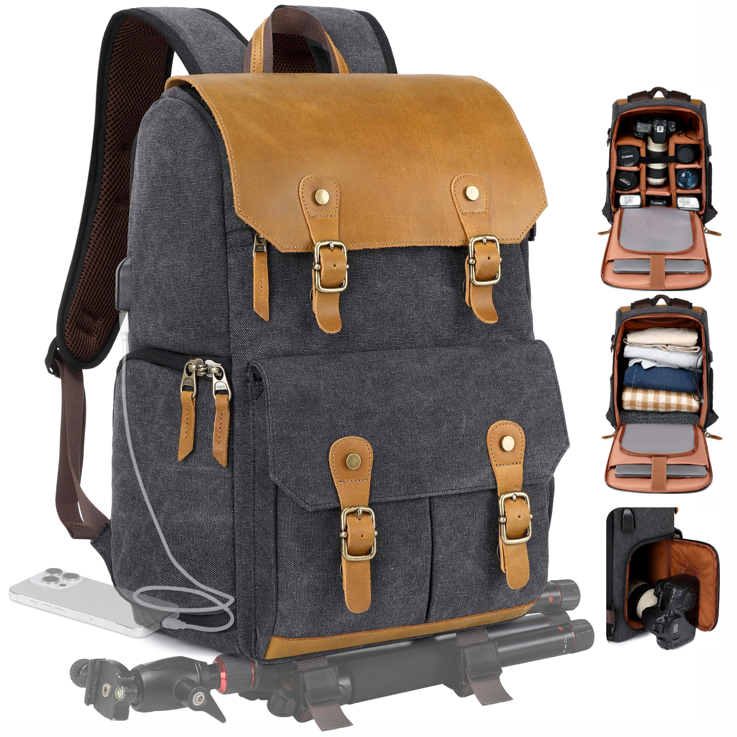 Padwa Lifestyle Black Gray Professional Camera Backpack - Retro Crazy Horse Art Cowhide Canvas Large Camera Bag with Multi Camera&amp;16” Laptop Thick Compartment,Weather Resistant Photography Backpacks
