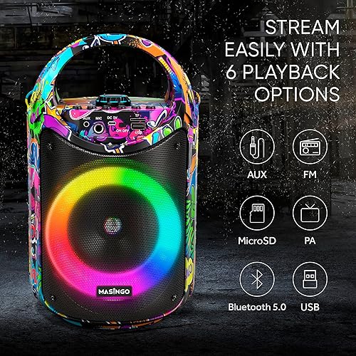Miniatura 17 de MASINGO Máquina de karaoke para niños y adultos con 1 micrófono inalámbrico de karaoke y 1 micrófono con cable, altavoz portátil PA con luces LED