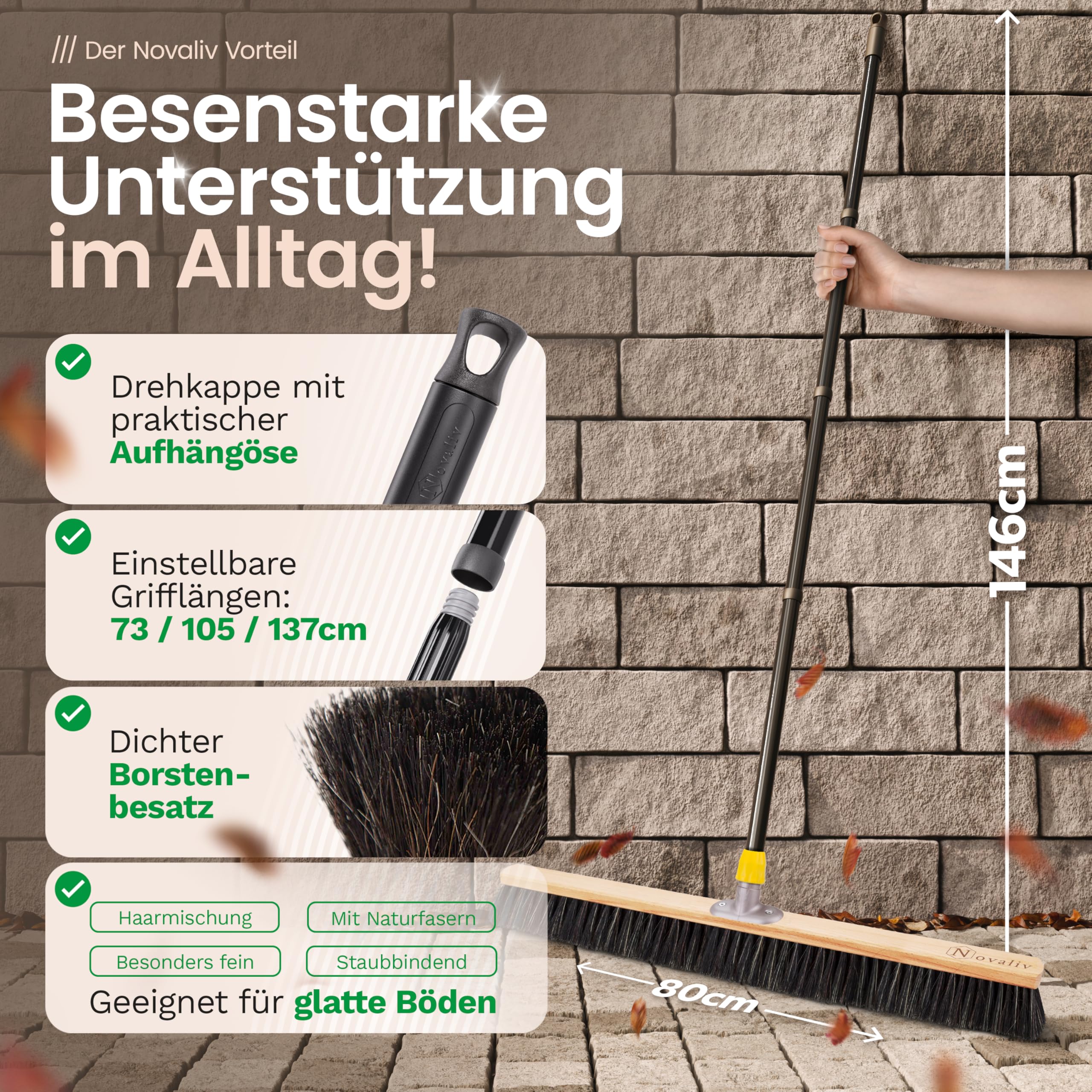 Novaliv Grosser Besen 2X Saalbesen 80 cm mit Stiel Borsten Haarmischung Werkstattbesen Hallenbesen Industriebesen Hausbesen Kehrbesen Zimmerbesen Haarbesen Groß