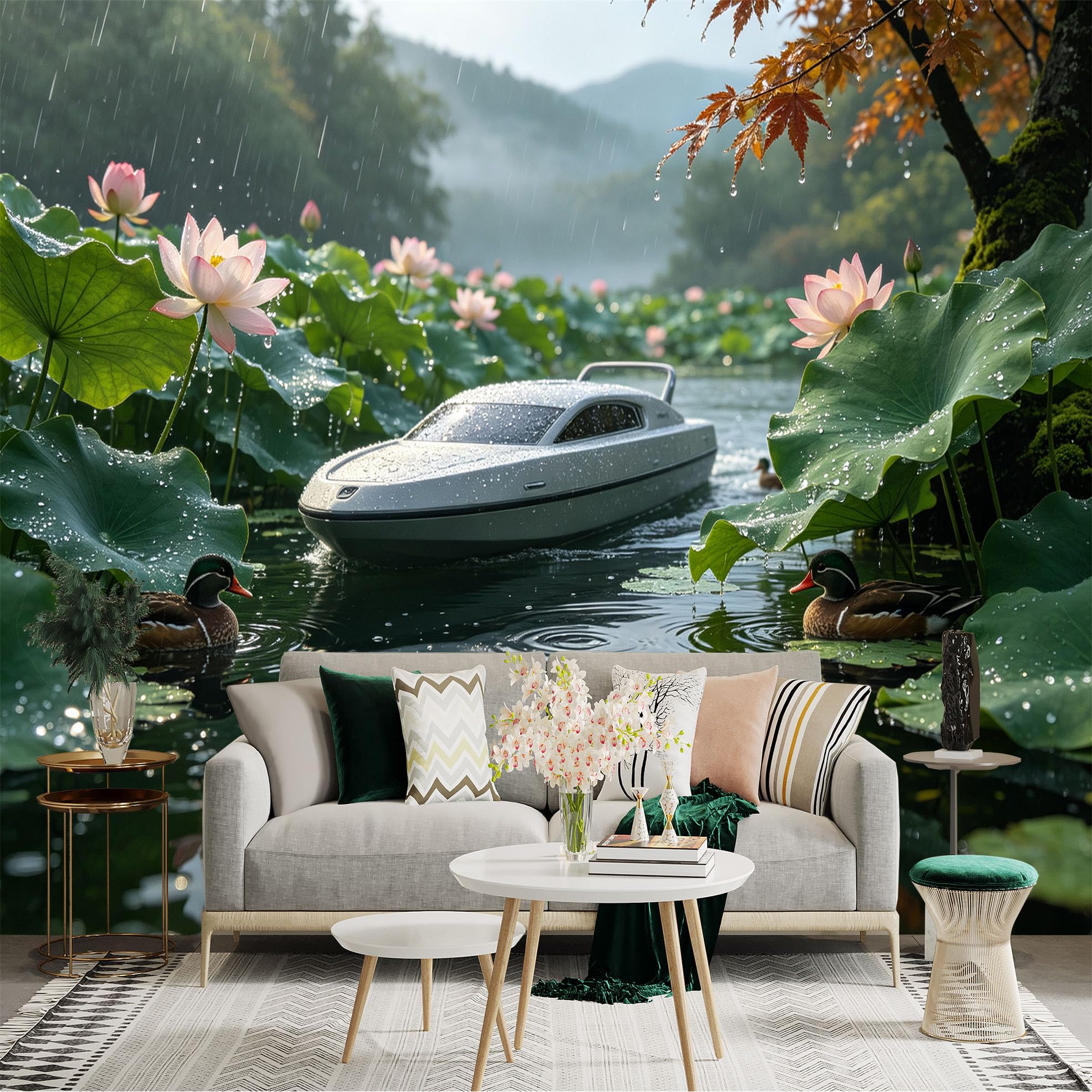 Custom Size Wall Sticker Mural， Modern Yacht in Lotus Pond， Raindrops on Leaves， Ducks Swimming， Zen Nature Scene， for wall Decoration， peelandstick wall Decals.