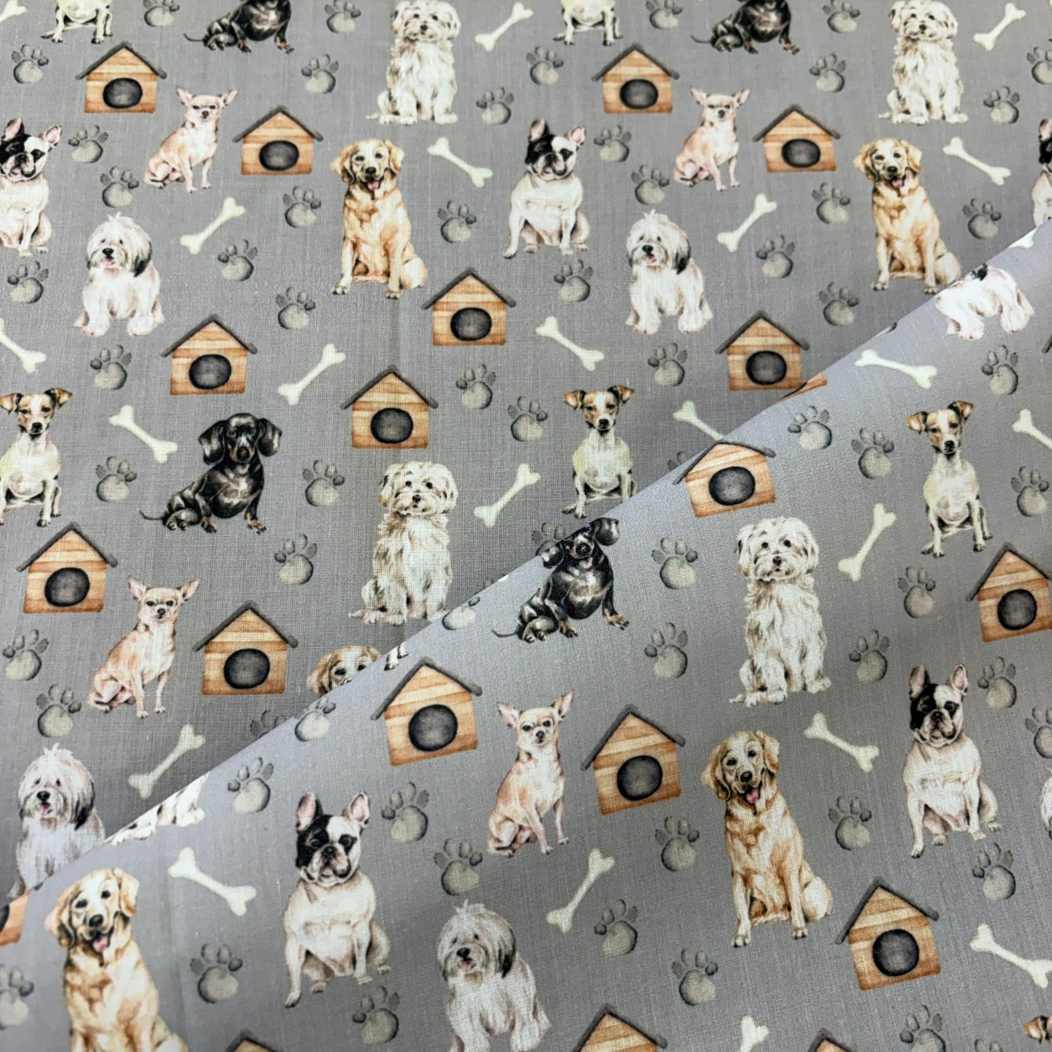 Polycotton Print Fabric, Dogs Pattern with Paw Prints and Bones, Grey, 112cm Wide, Sold by the Metre