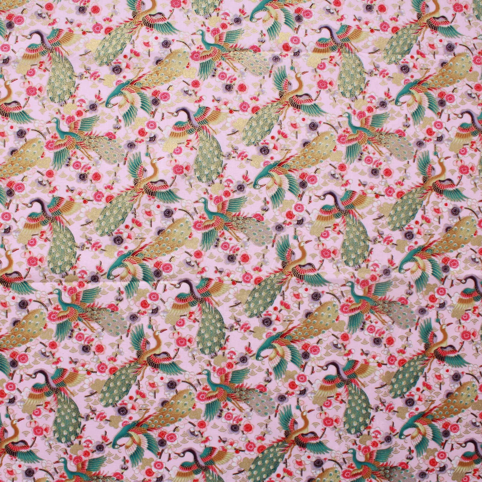 The Fabric Guys Quilting Cotton Per Metre Japanese Style Fabric 60" Wide Gold Foil Beautiful Prints Sewing Craft Artwork Handwork (Peacock Freedom Pink) โ image 1