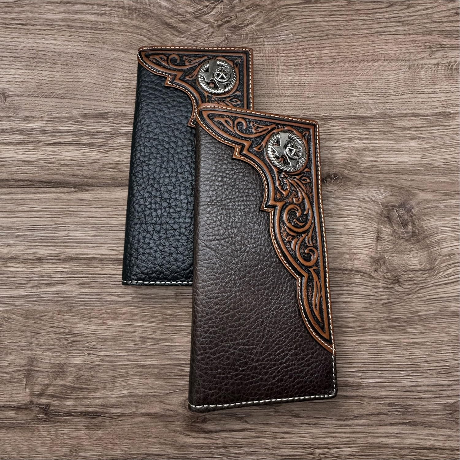 Men’s Long Leather Wallet – Tooled Inlay with Texas State and Star Concho – Western Cowboy Bifold Checkbook Wallet for Texans, Ranchers & Rodeo Gift Ideas