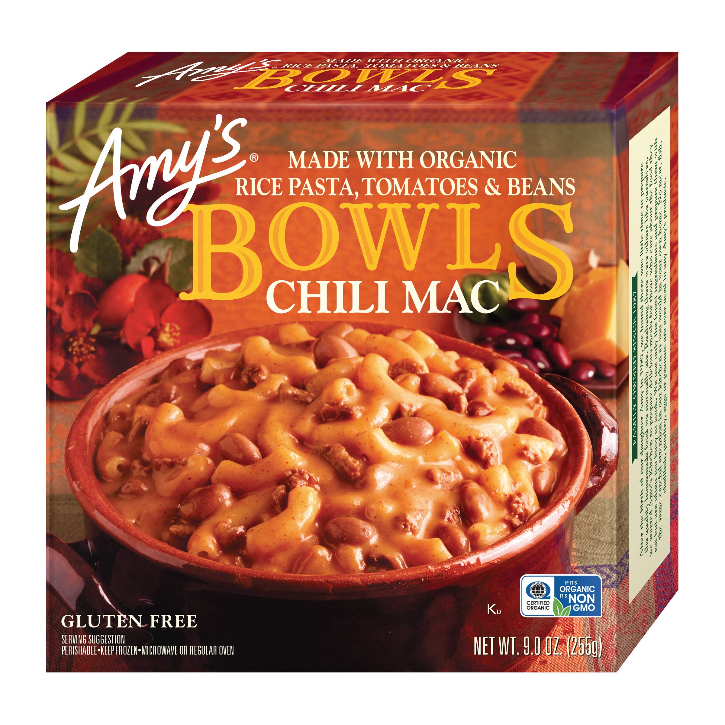 Amy's Frozen Meals, Chili Mac and Cheese Pasta Bowl, Made with Organic Rice Pasta, Tomatoes and Beans, Gluten Free, 9 oz.