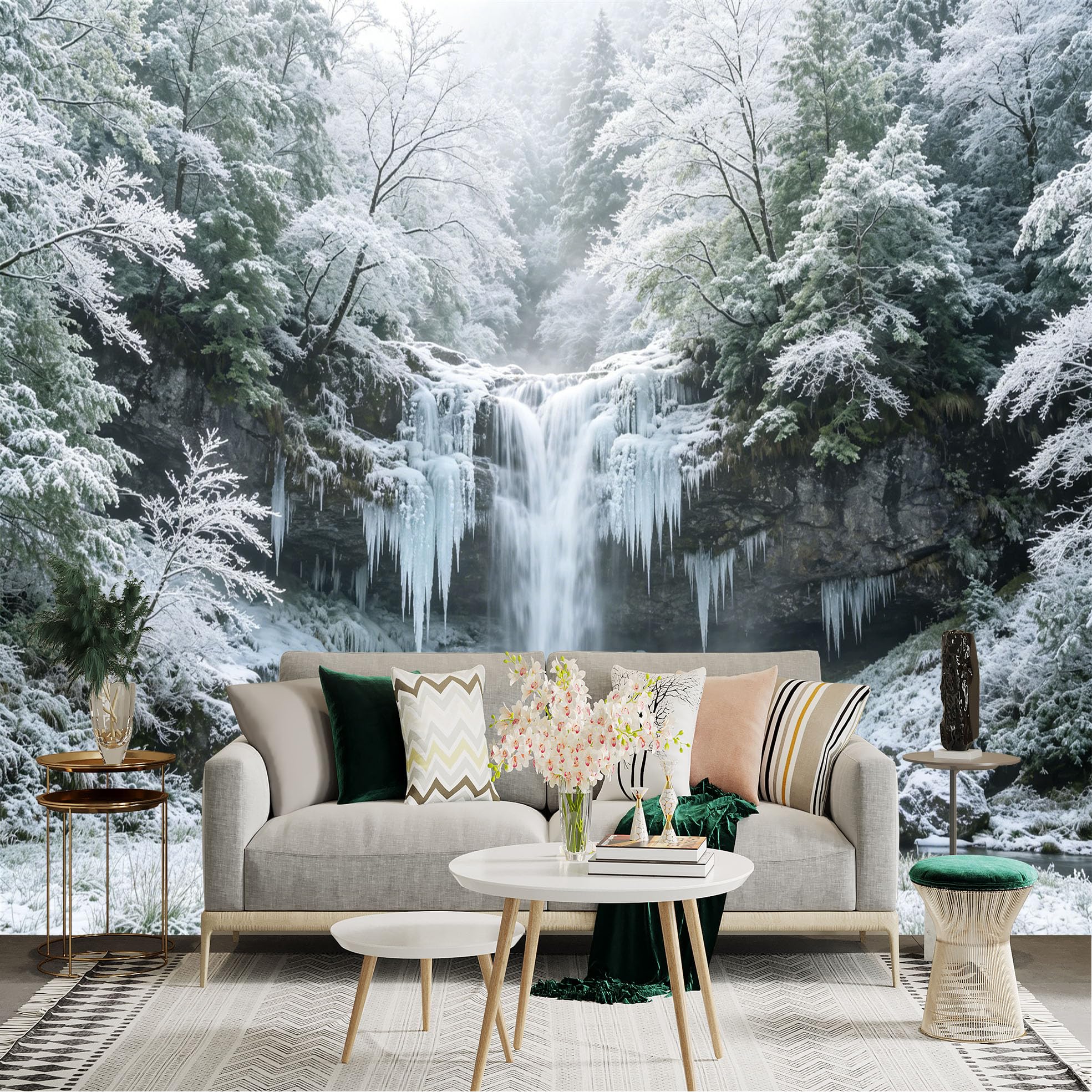 Lnzczhyre Dbh260521542 Custom Size Wall Sticker Mural， Frozen Waterfall， Snowy Forest Landscape， Winter Nature Scene， Icy Cascading Water， For Wall Decoration， Peelandstick Wall Decals.