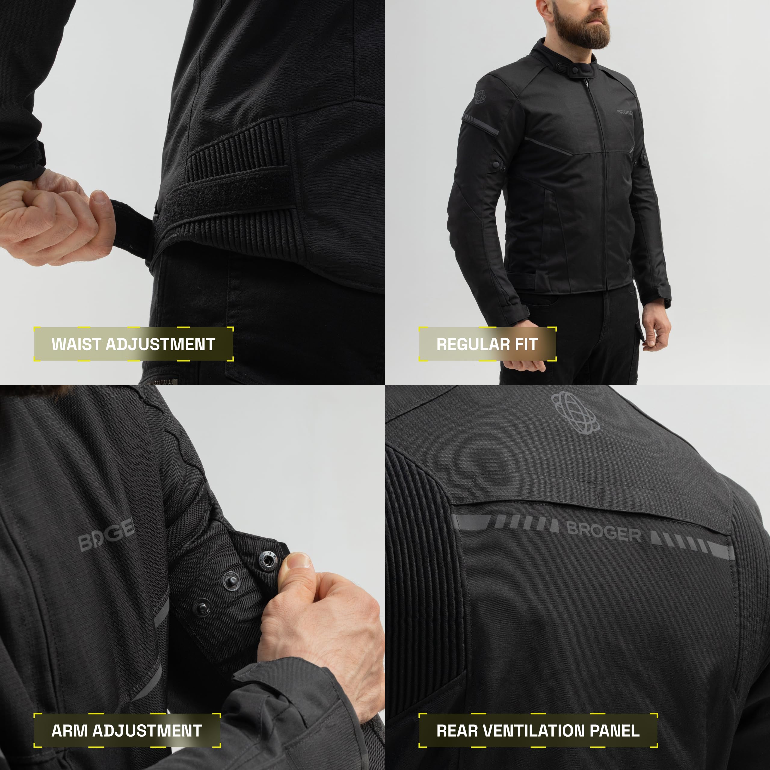 BROGER Grid Motorradjacke Herren | Textil | Ellbogen und Schulterprotektoren | Tasche für Rückenprotektor | Wasserdichte Membran | Abnehmbar Thermofutter | Schutzstufe AA | Größen bis 7XL