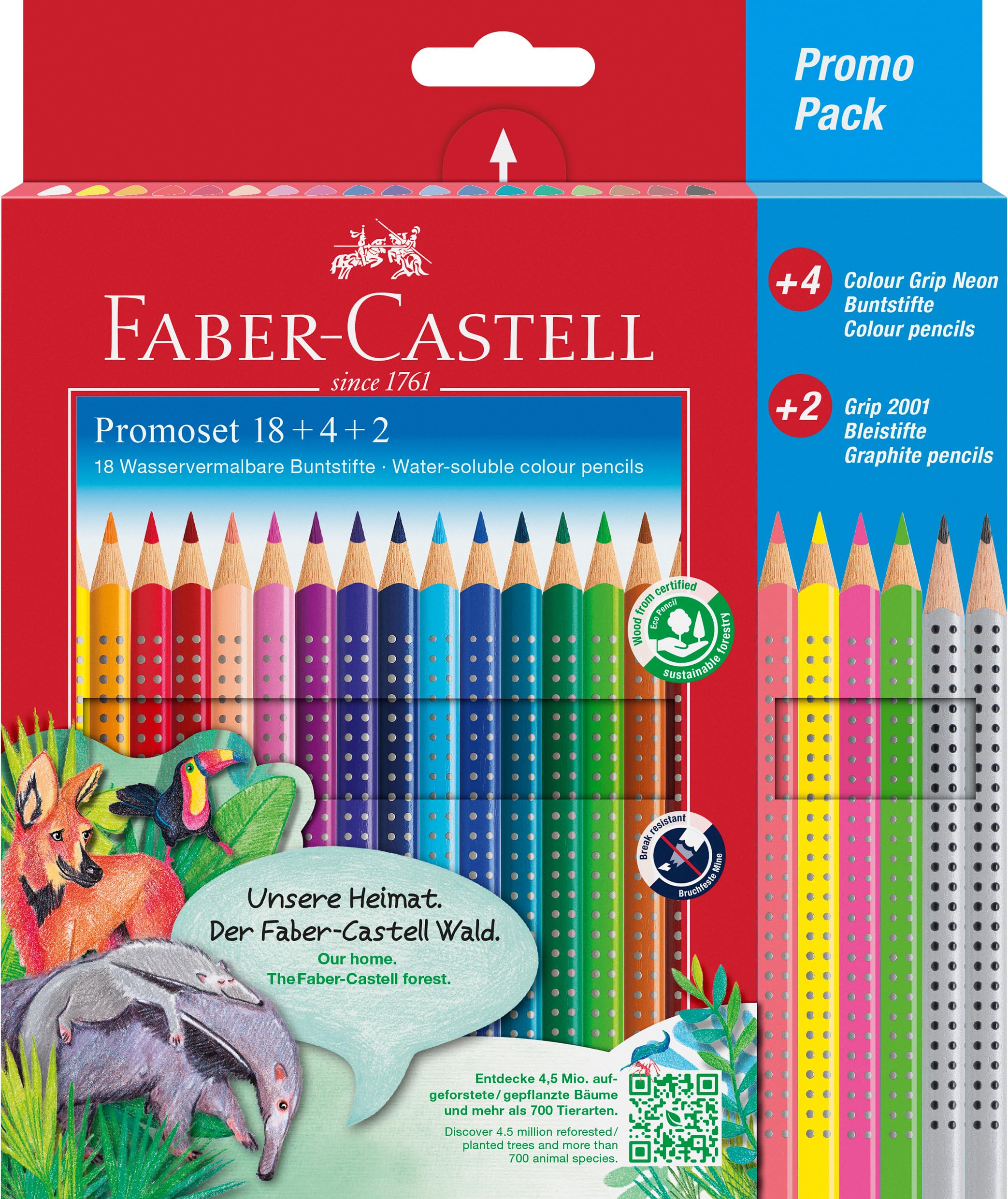 Faber-Castell 201540 - Buntstifte Set für Kinder und Erwachsene, 24-teilig, dreikant, bruchsicher, inkl. 4 Neonfarben und 2 Bleistiften