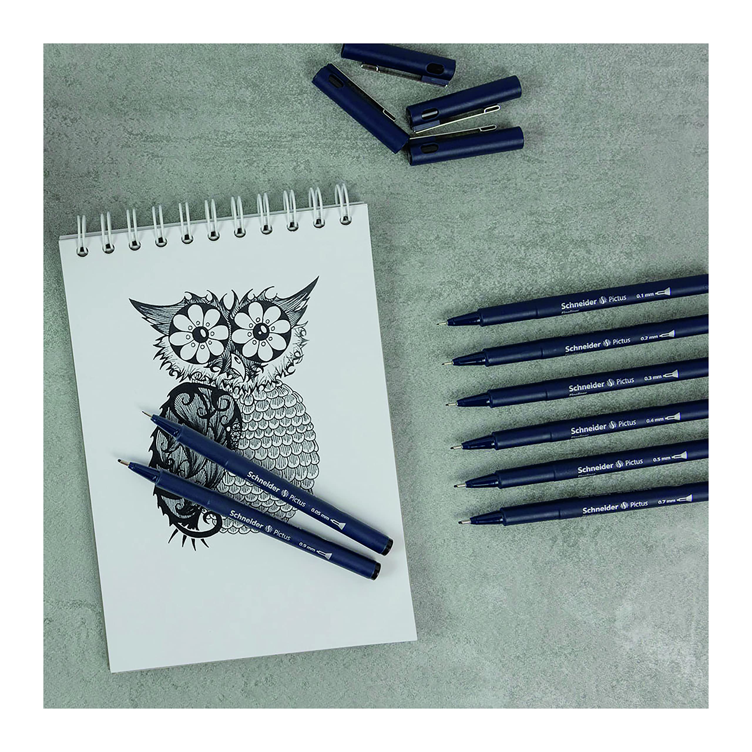 Schneider Pictus Fineliner Geldbörse, 8 Stück, verschiedene Größen, schwarze Tinte (197598)