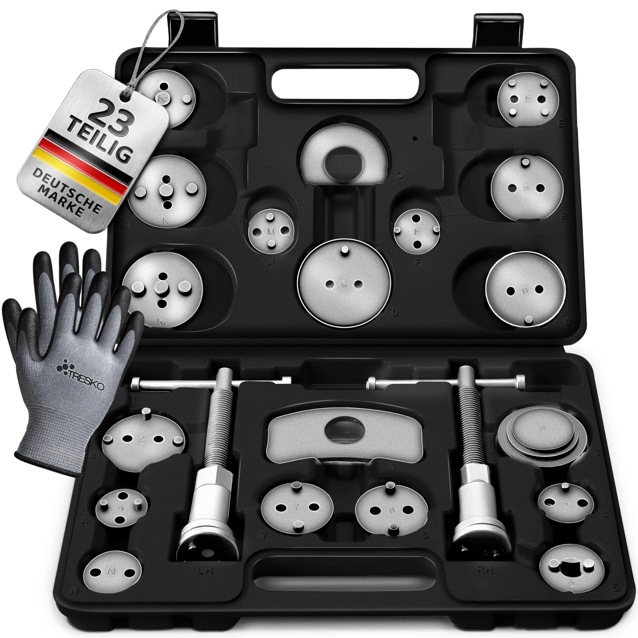 TRESKO 23 TLG Bremskolbenrücksteller Set inkl. Handschuhe - Rückstellwerkzeug zum Zurückstellen des Bremskolben, KFZ-Werkzeug, universell