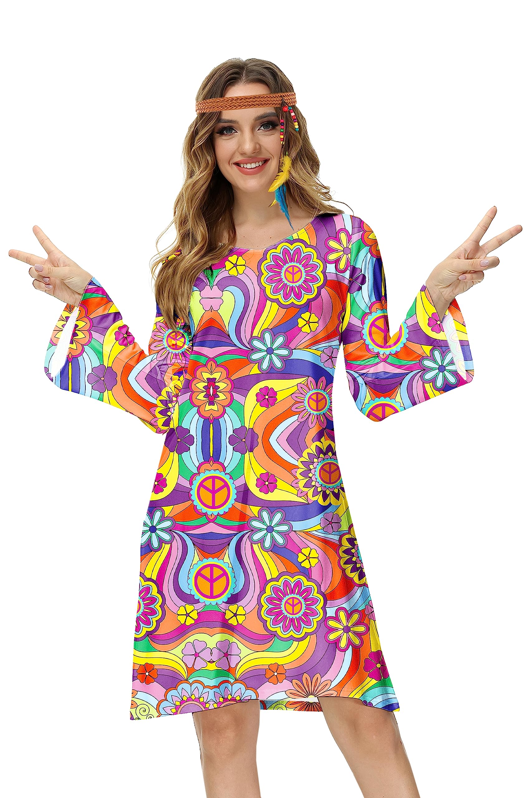 Deerose Women's 70s Hippie Costume Retro Go Go Groovy Dress