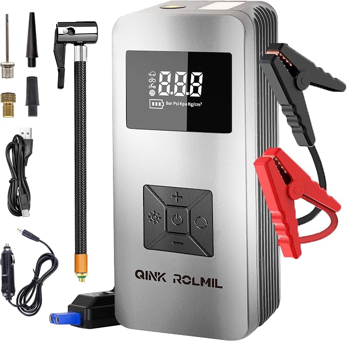 Jump Starter with Air Compressor unit showing digital screen, air hose, and jumper cables