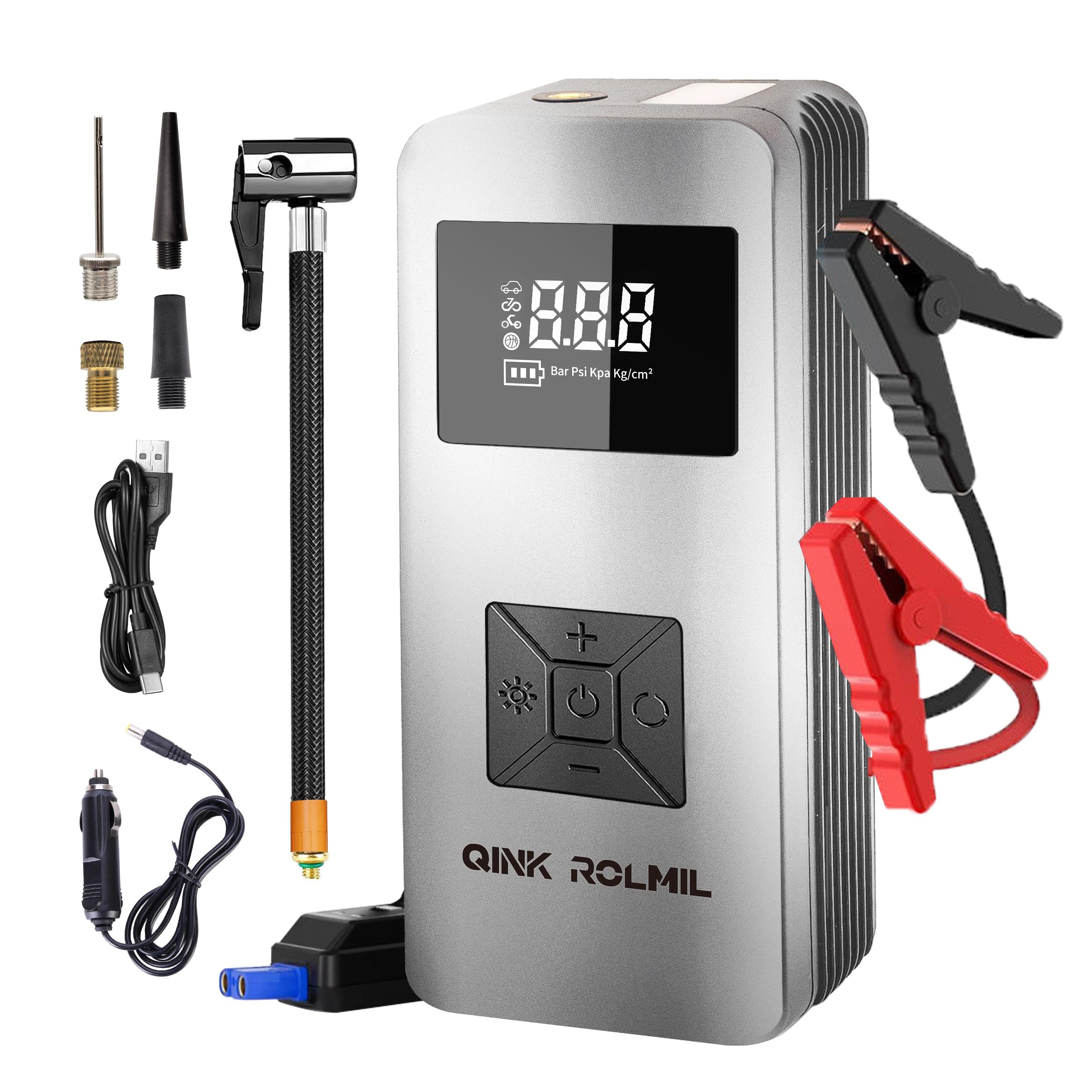 Arrancador de salto con compresor de aire, batería automotriz de 12 V 8000 A (gas de 6.0 L y 3.0 L diésel), bomba infladora de neumáticos de 150 PSI para automóvil, motocicleta y bicicleta