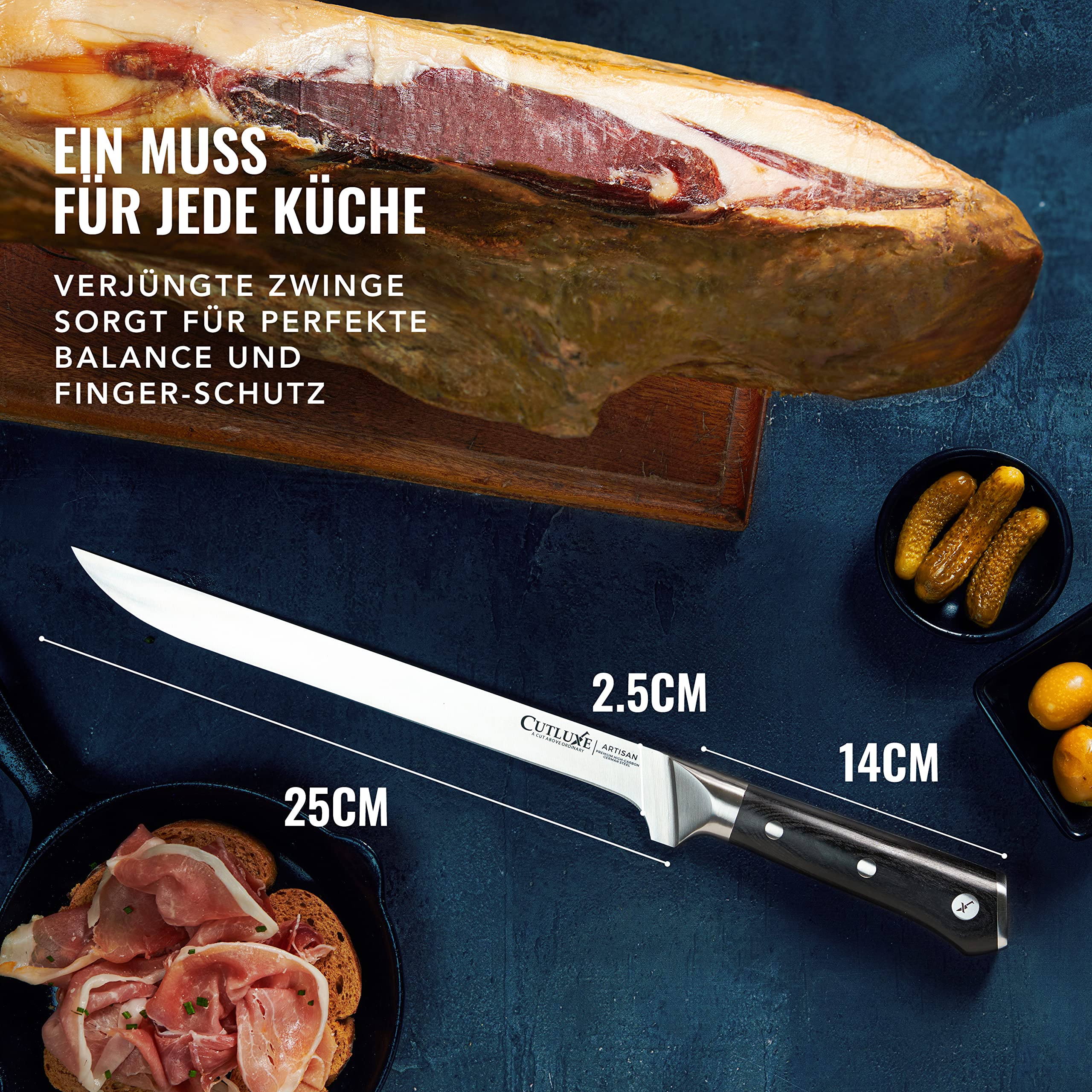 Cutluxe Schinkenmesser - 25cm Tranchiermesser für Fleisch und BBQ - Scharfes Messer aus deutschem Stahl - Volltang und ergonomisches Griffdesign - Artisan Serie