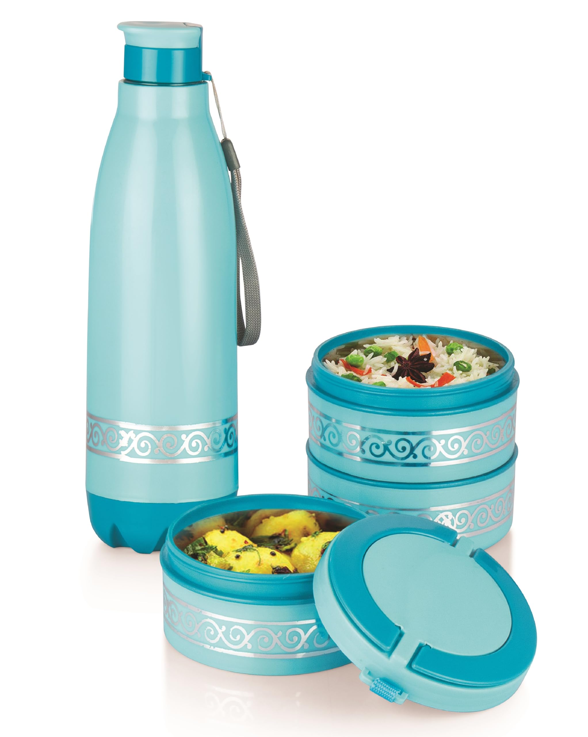 MyPro - Khao Piyo Gift Set - System 3 Layer Lunch Tiffin + Ranger 900 Insulated Bottle | 3 Containers Lunch Box, Bottle for Office Picnic,Travel - Easy to Carry (Blue)