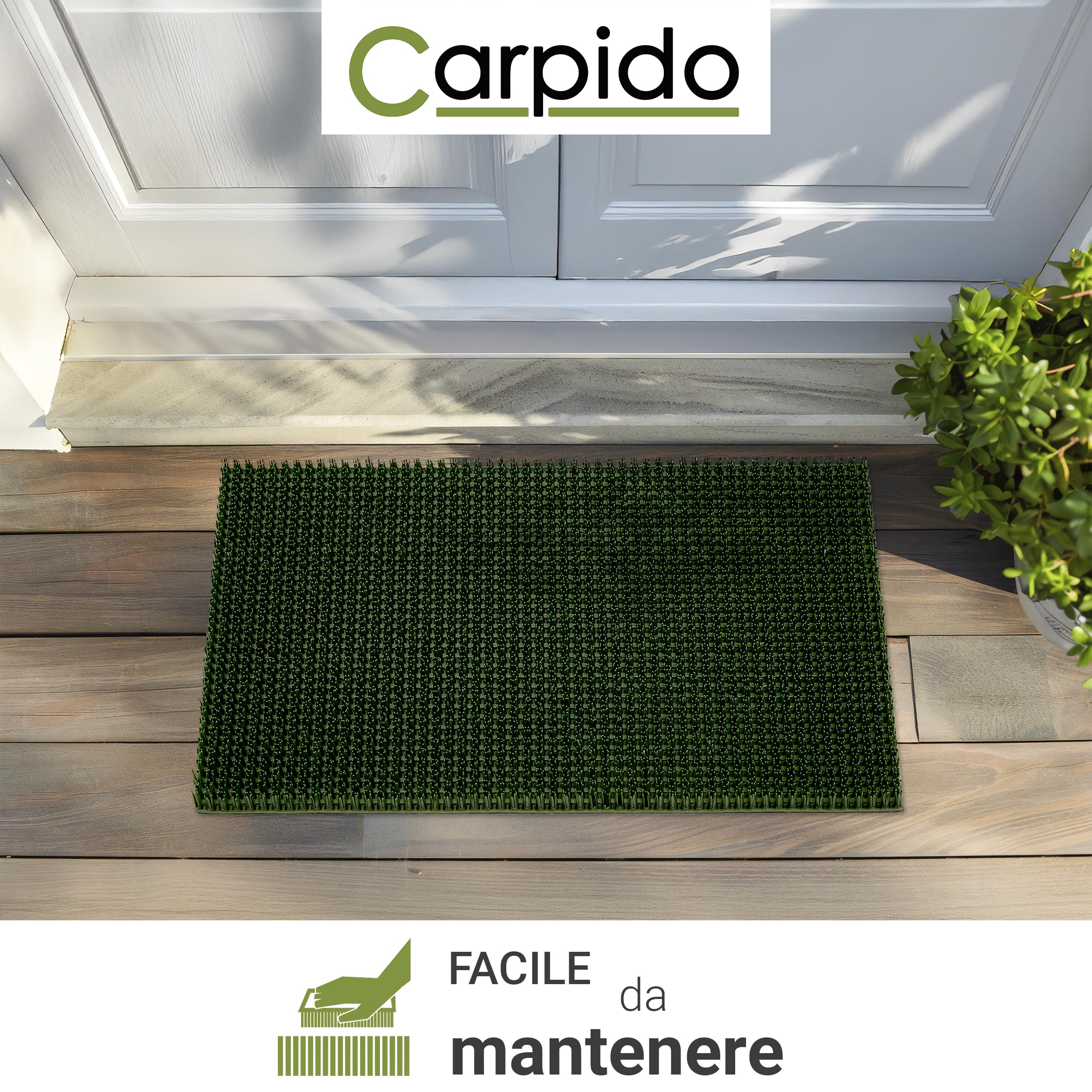 Carpido Zerbino da Esterno Resistente alle Intemperie in Gomma Antiscivolo - Verde Set di 3 40x60 cm - Tappeto Ingresso per Esterni Trattiene Sporco e Umidità