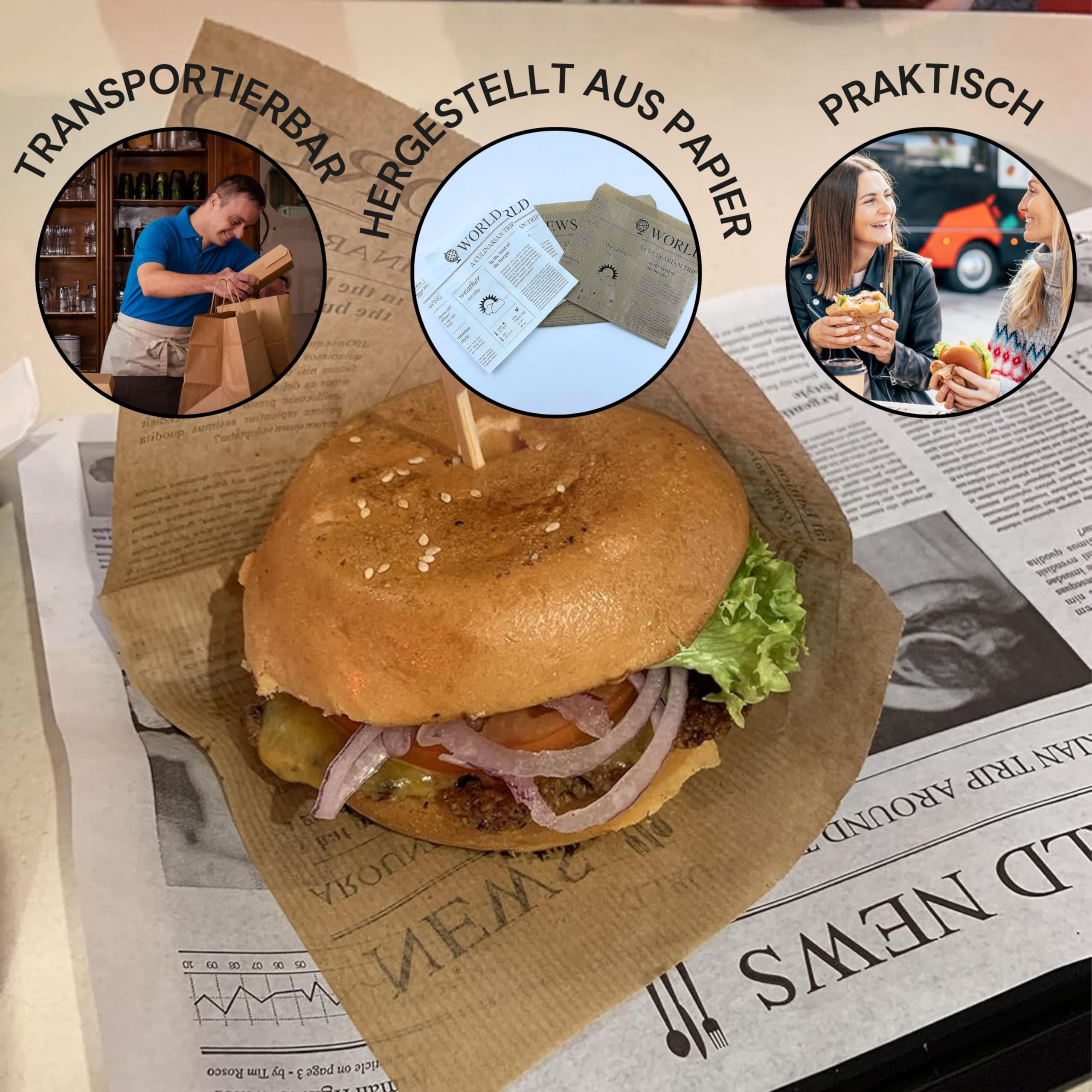 Snacktaschen/Hamburgertaschen Snackbeutel Newspaper aus Kraftpapier Hamburger-Tüten, 2-seitig offen (braun, 1000)