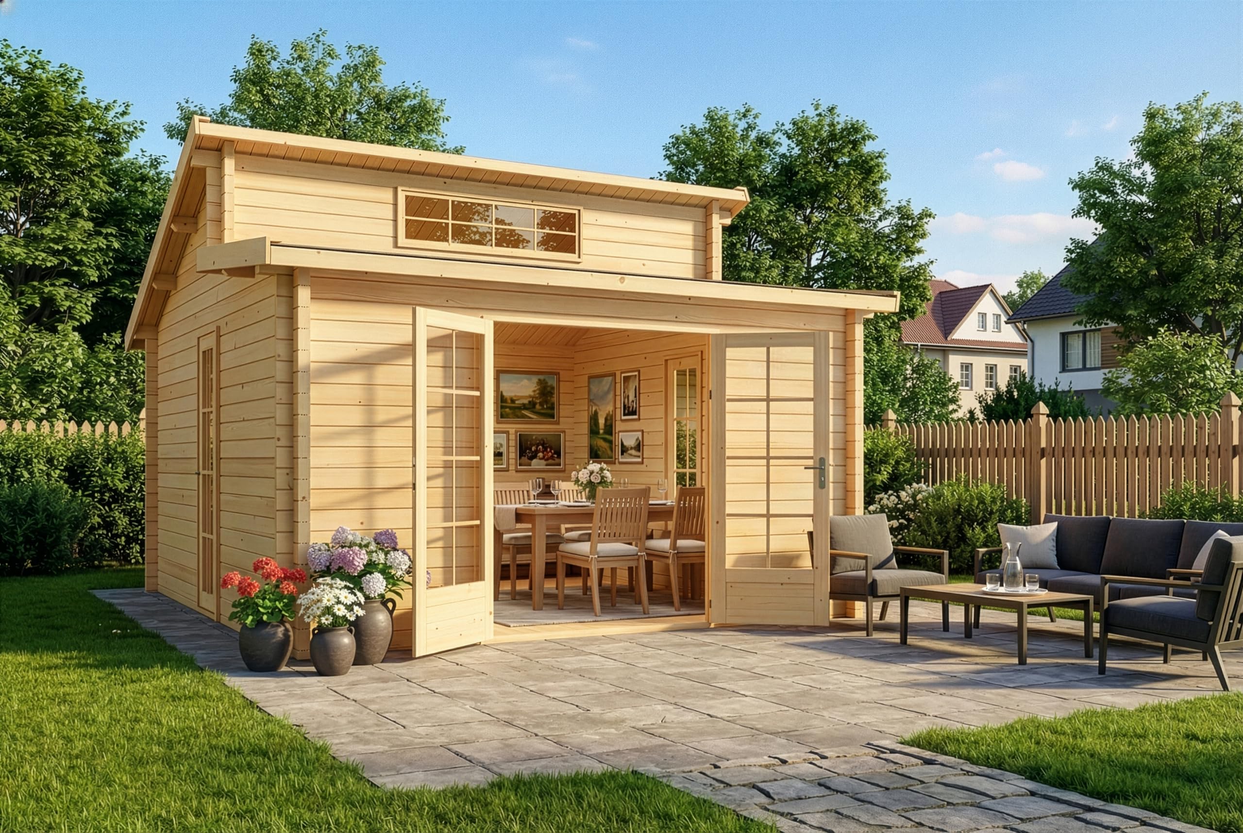 Alpholz Gartenhaus Lausitz ISO mit Doppel-Pultdach aus naturbelassenem Holz mit 40 mm Wandstärke