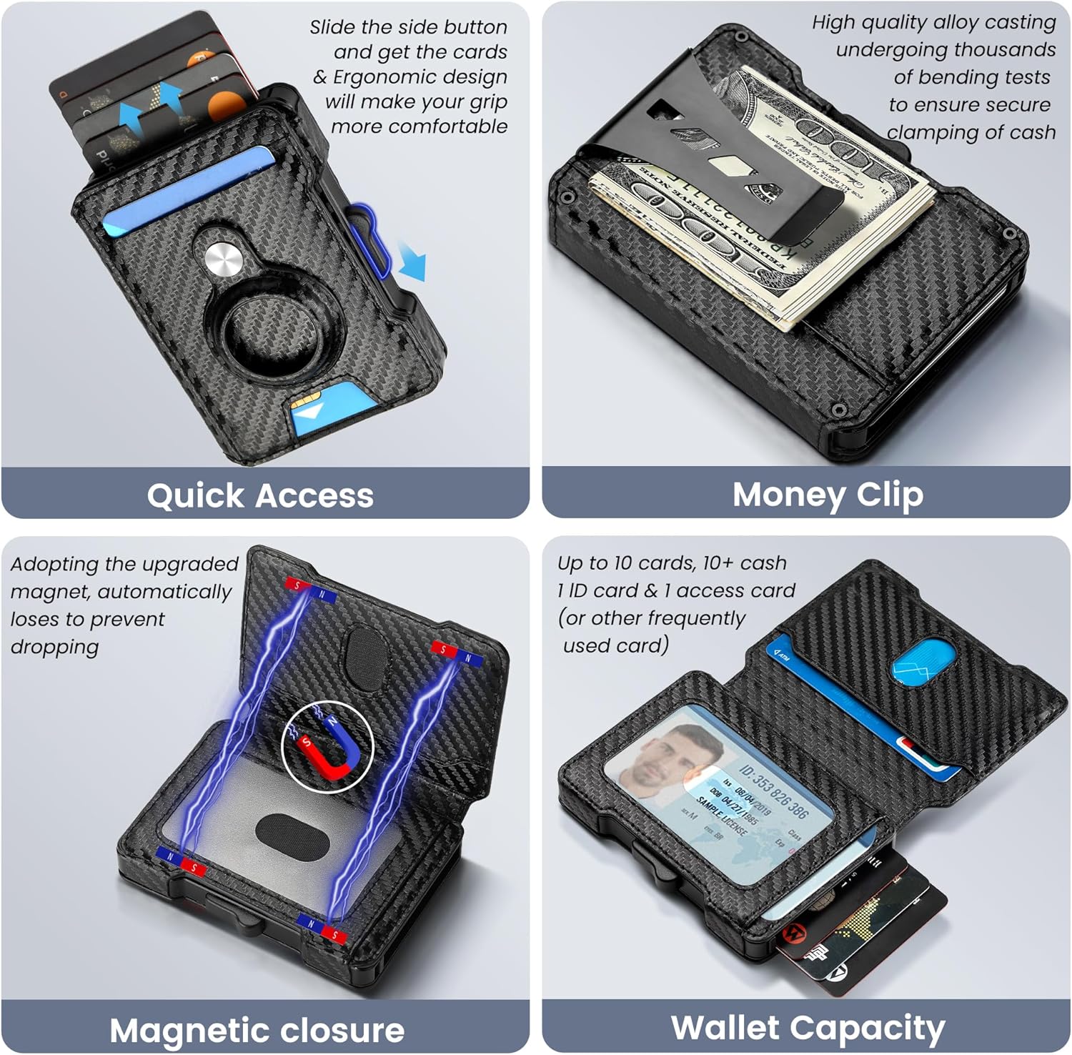 AirTag Wallet for Men, RFID Blocking Slim Mens Wallet with Money Clip, Minimalist Credit Card Holder for Apple Air Tag, Pop Up Card,9-11Cards Capacity | ID Window | Cash Slot | Gift Box（Black） - Image 3