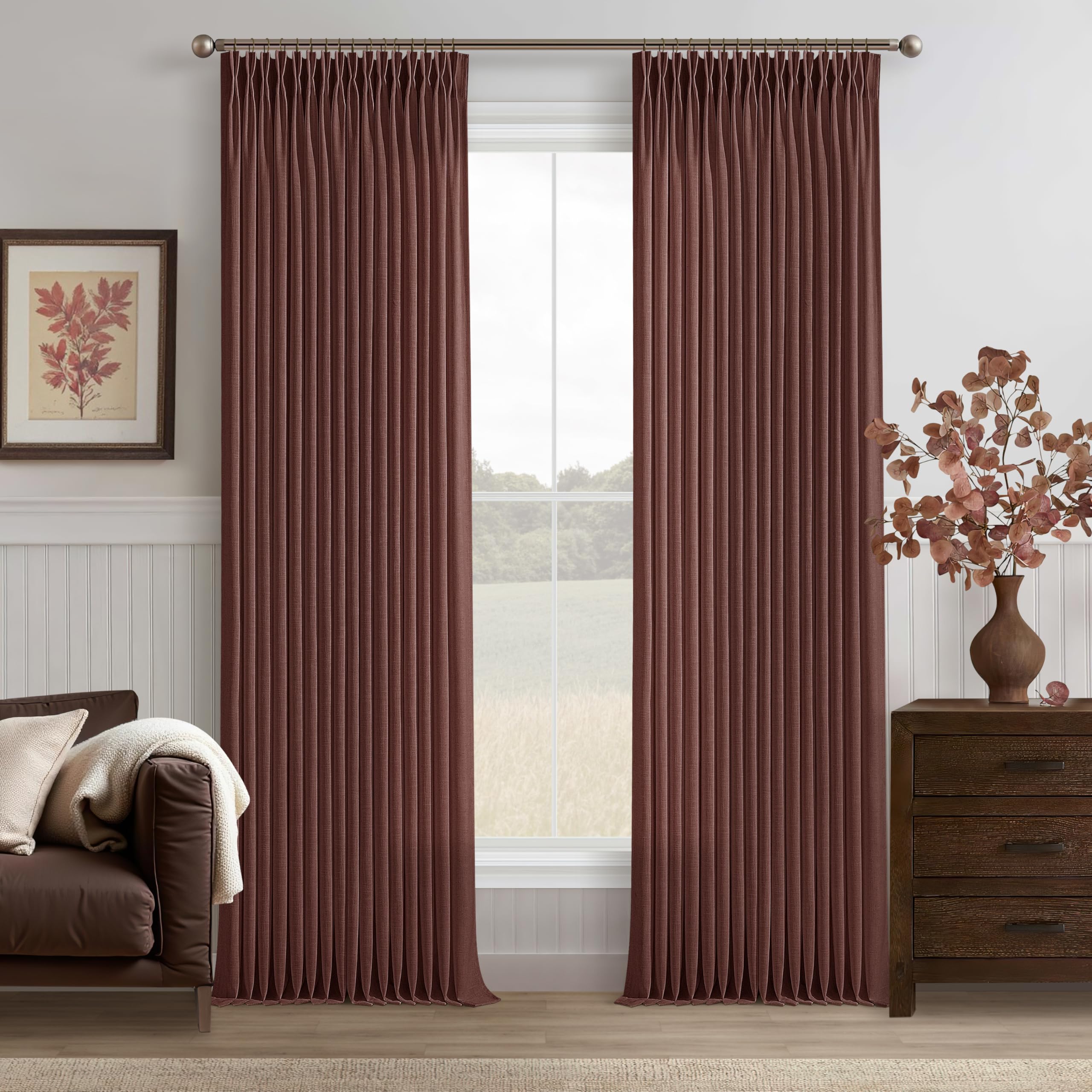 Photo 1 of 120 Inches Thick Linen Pleated Curtains 2 Panels Extra Long Chestnut Brown Country Light Filtering Drapes with Ceiling Track System Dark Terracotta Back Tab Window Curtain for Living Room Bedroom