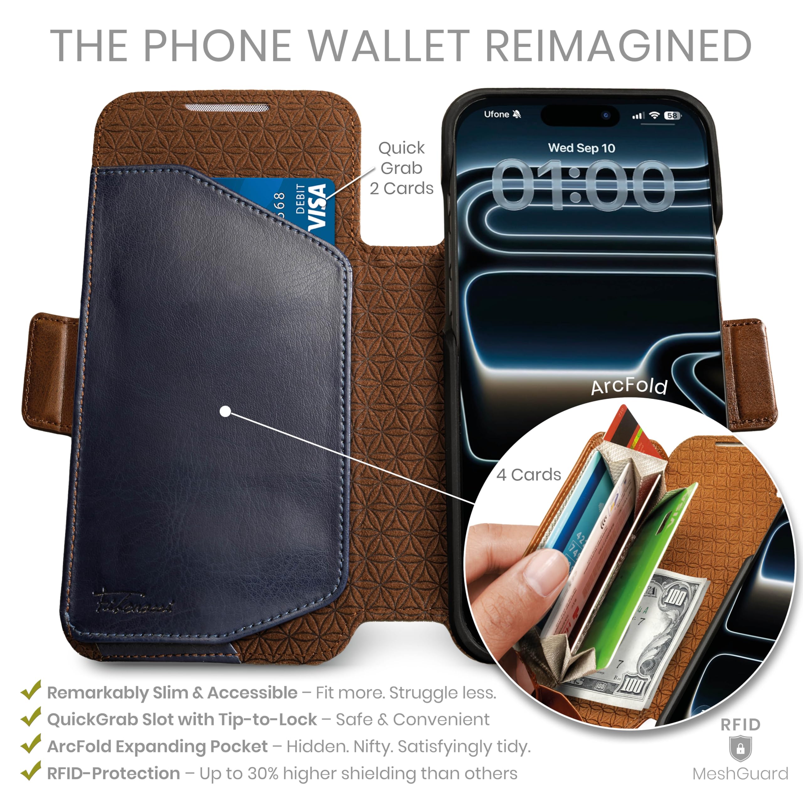 dreem iPhone 17 Pro Max Wallet Case - With Multi-Function Stand, Vegan Leather, MagSafe Compatible, Removable Magnetic Cover, RFID Card Holder [Fibonacci:Brown/Blue] - 2