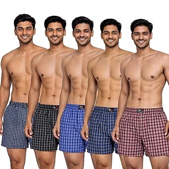 OPEX Men’s Checked Cotton Blend Lounge Boxer Shorts Pack of 5 | Regular Fit with Elasticated Waistband | Double Side Pockets & Button Fly
