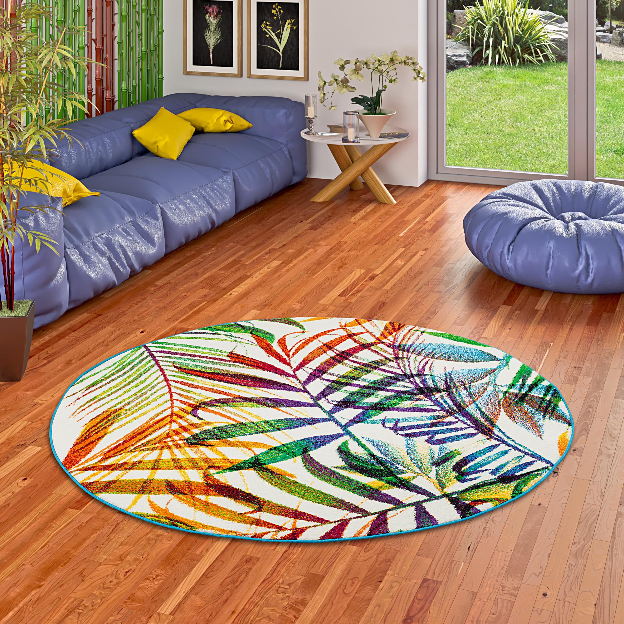 Pergamon Designer Teppich Faro Tropical Bunte Zweige Rund in 3 Größen