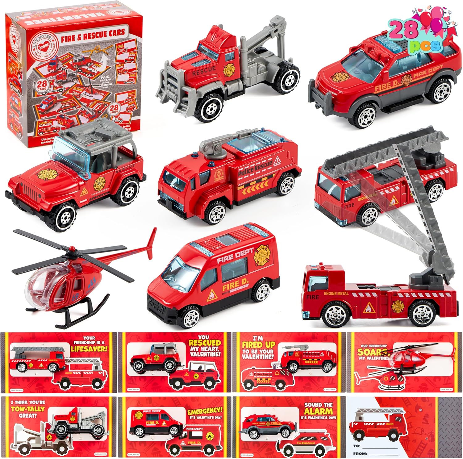 JOYIN 28 Packs Valentines Day Cards with DieCast Fire Rescue Vehicles Toys for Kids Valentine Party Favor, Classroom Exchange Prize and Gifts for Boys