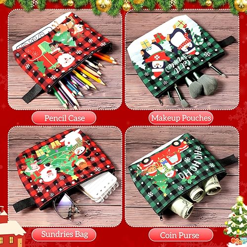 Miniatura 3 de Zonon Juego de 6 bolsas de maquillaje de lona de Navidad, pequeñas bolsas de cosméticos con cremallera portátil, bonita bolsa de estilo a cuadros,