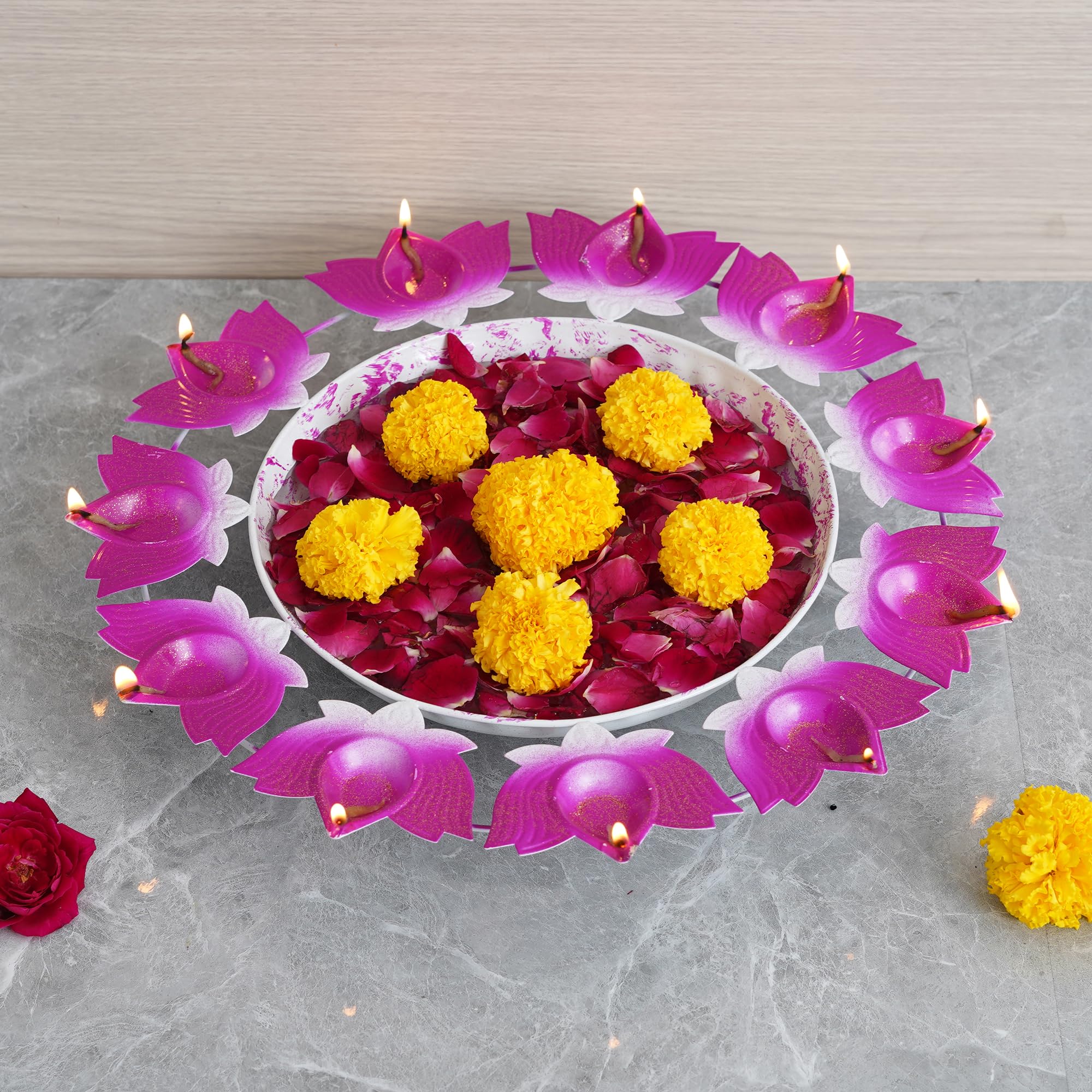 Webelkart Lotus Diya kształt urli miska do dekoracji domu i Pooja | Urli Świecznik tealight do dekoracji domu i biura (40 cm) - Świecznik Diwali różowy