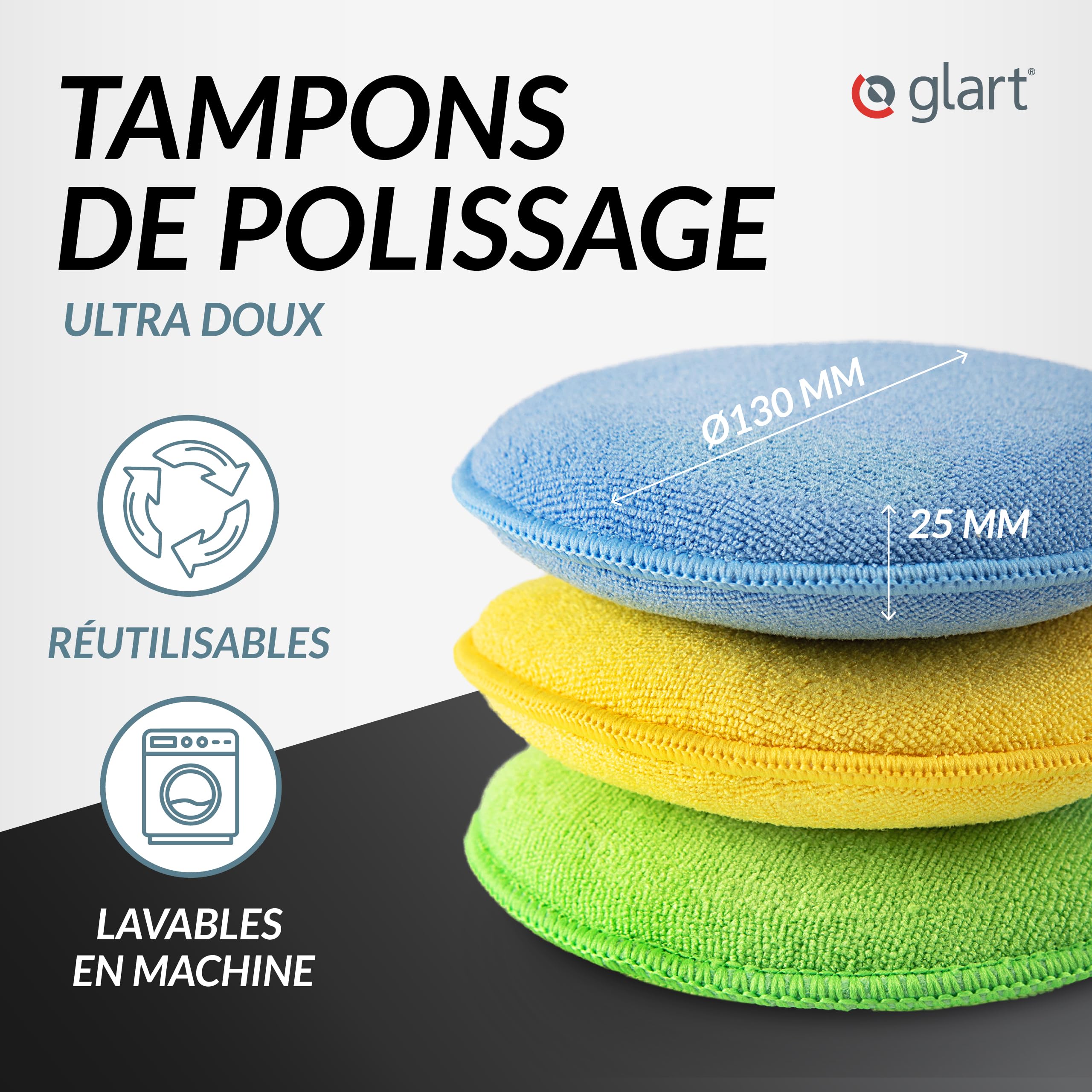 Glart 43PP Set pads polissage microfibre – 3 pièces 130×25 mm – pour polish, cire, nettoyant laque, scellant – application manuelle entretien auto intérieur/extérieur – lavable et réutilisable - 2