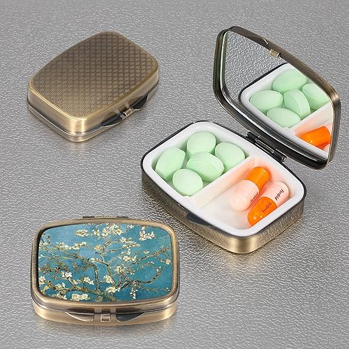 Vista 4 de Dynippy Pill Case Pill Box with Mirror Retro Pocket 2 Compartment Medicine Case Vitamin Pill Organizer for Pocket Purse and Travel (A-Plum Blossom)