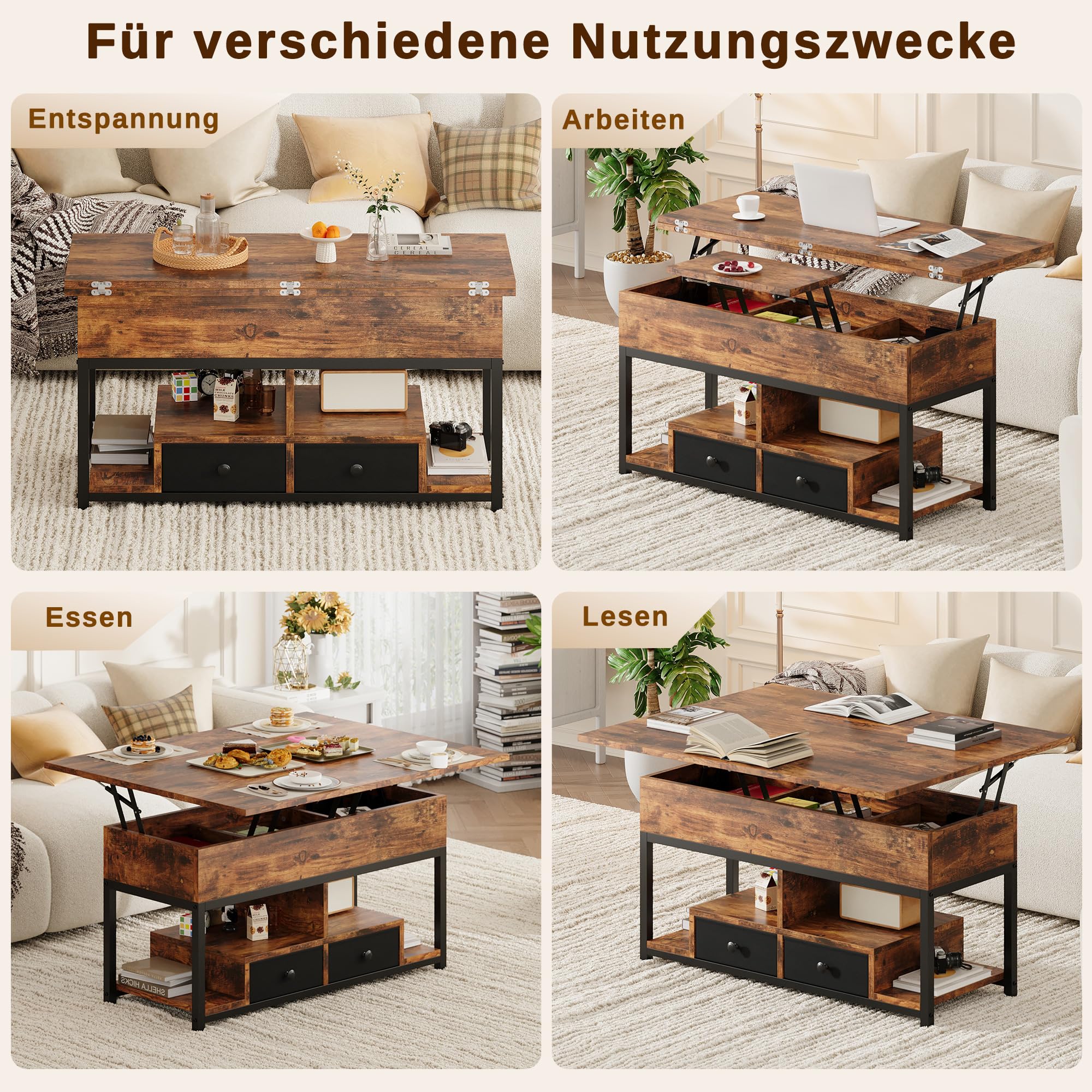 IRONCK Couchtisch Höhenverstellbar, LED Wohnzimmertisch mit Steckdosen, 2AC+USB+USB‑C, Kaffeetisch Holz, 2 Schubladen, Umwandelbar Esstisch 100×80cm (Vintagebraun)