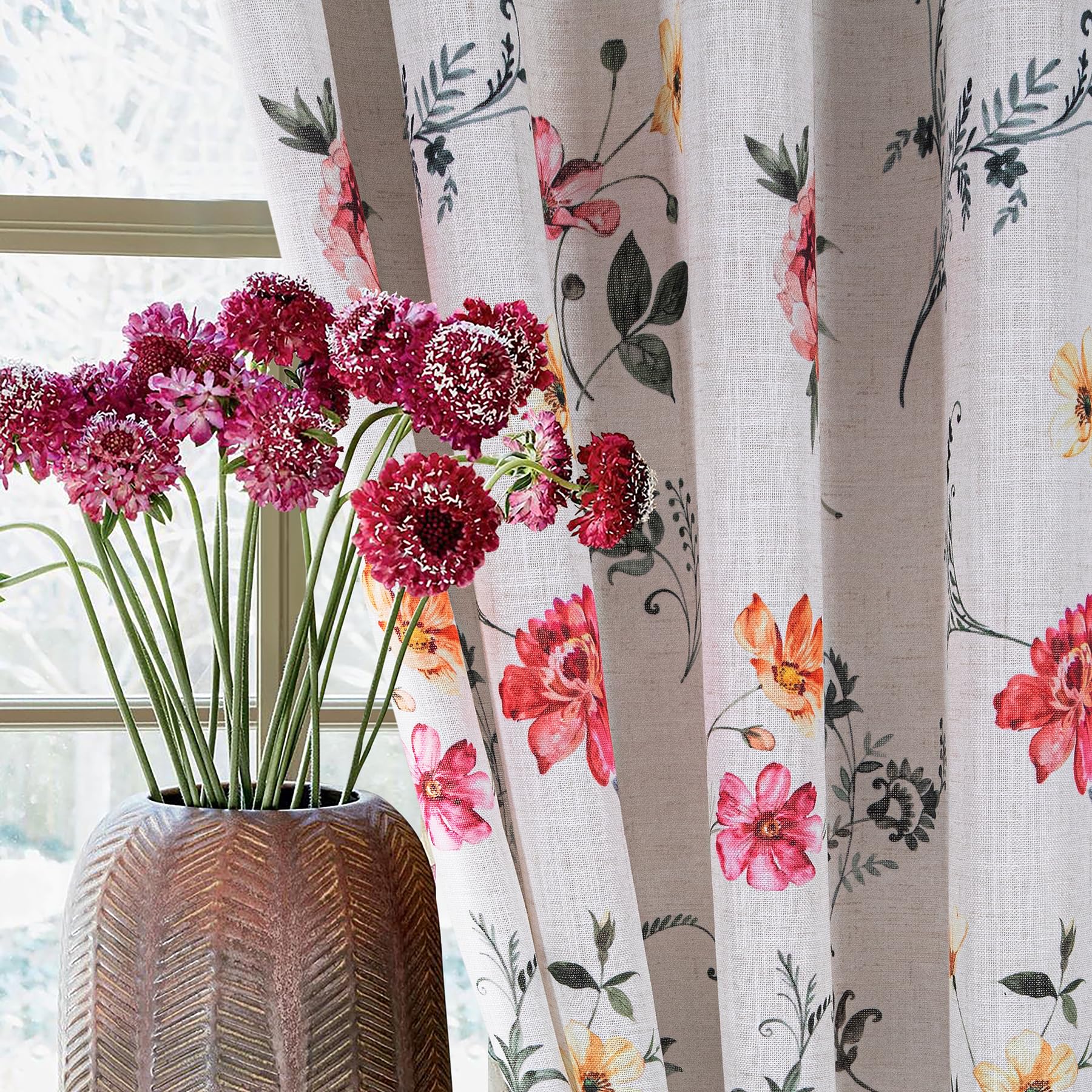 always4u Rideaux à Fleurs Classiques Vintage en Faux Lin, Rideau Semi-Transparent avec des Éléments Naturels, Filtrage de la Lumière, pour Salon et Chambre,Pivoine,140x245cm Lot de 2
