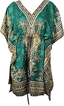 Mogul Interior Womens Caftan Dresses, Green Dashiki Printed Summer Dress, Short Kaftan Dresses 3XL