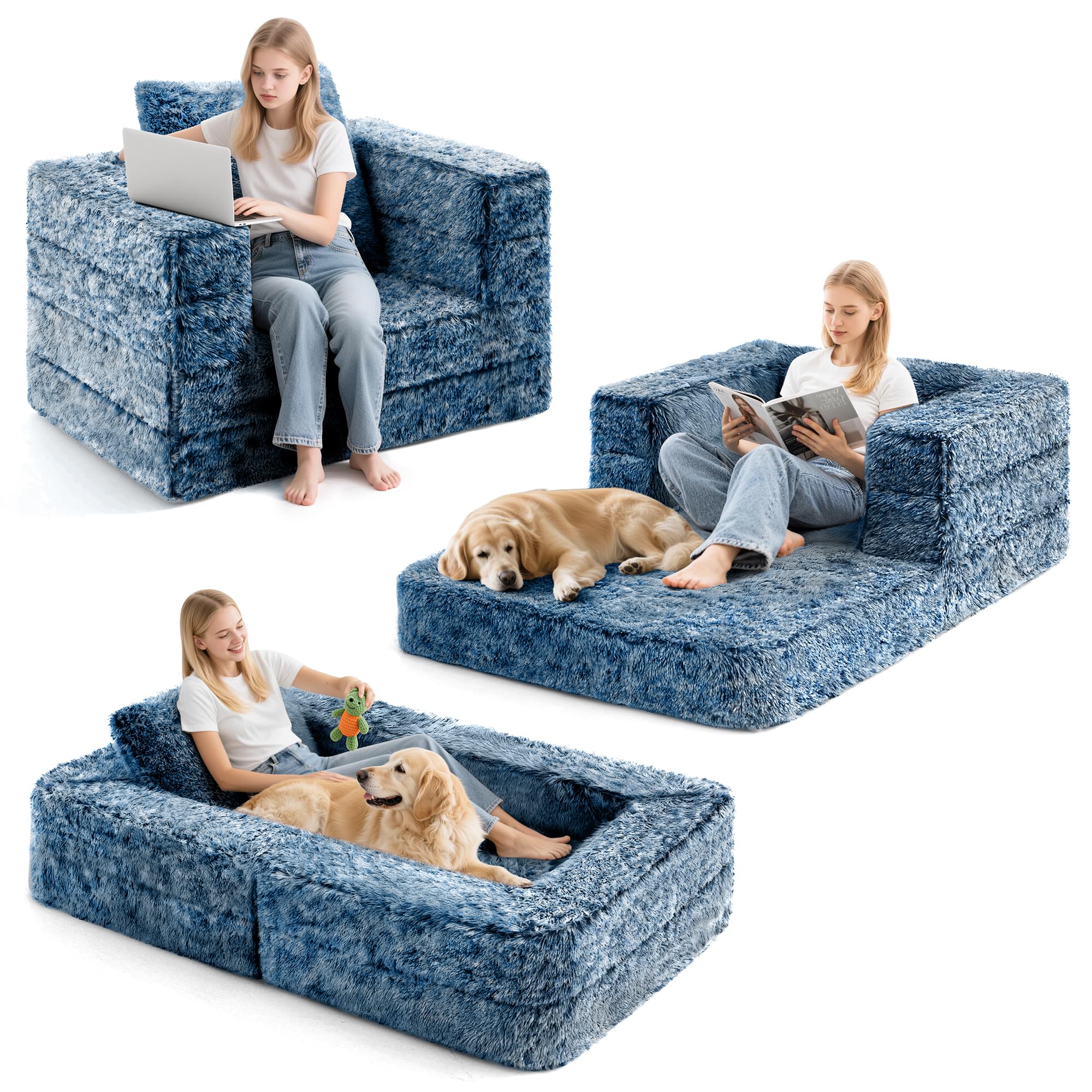 HABUTWAY 3-in-1 Human Dog & Cat Bed with Washable Faux Long Plush Cover, Calming Folding Pet Bed with Comfy Pillow, Large Dog Beds with Non-Slip Bottom for Bedroom & Outdoor Use, (Twin,Blue)