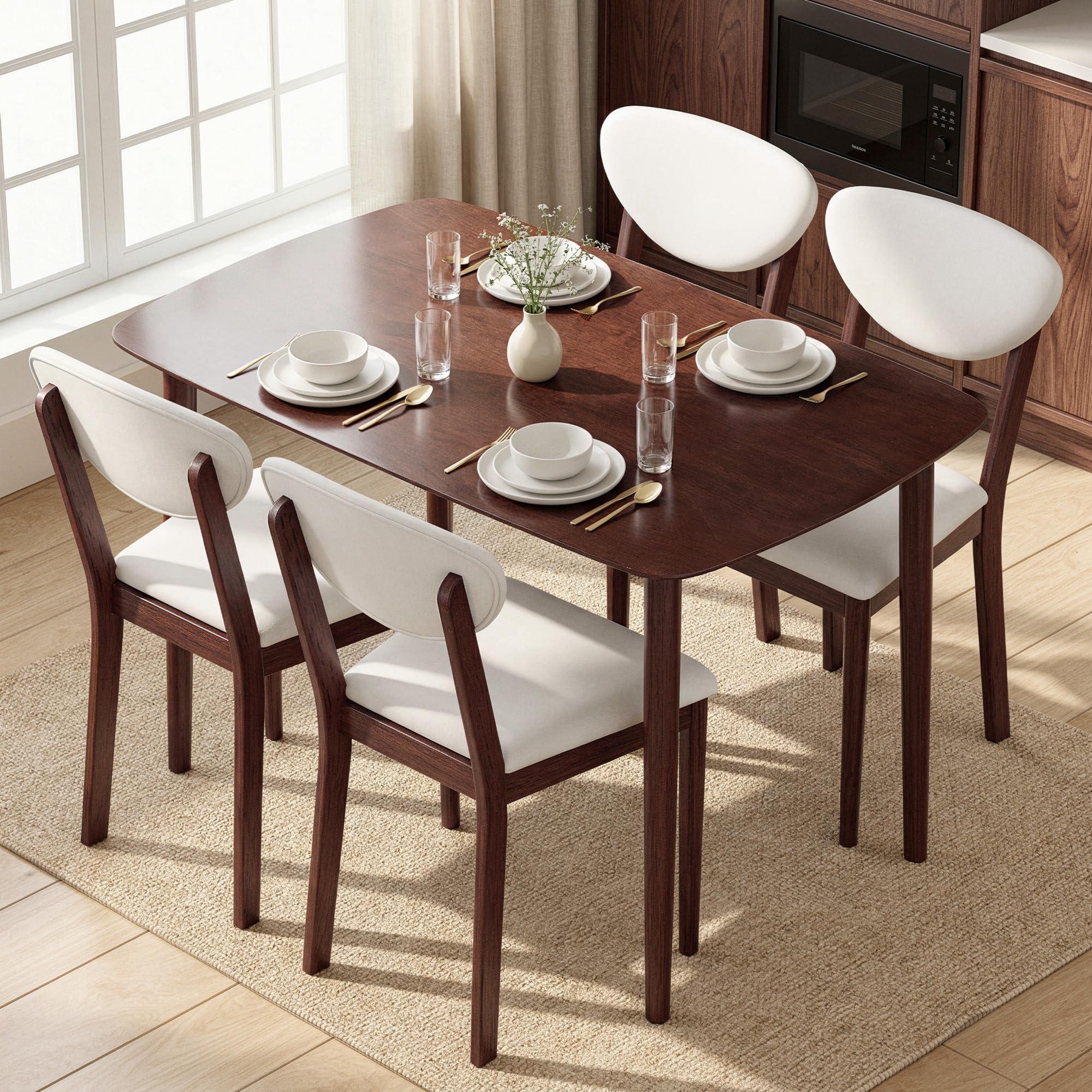 HOMCOM 5-Piece Dining Table Set for 4, Mid-Century Modern Kitchen Table and Chairs with Padded Seats and Backrests, Solid Wood Frame for Small Space,