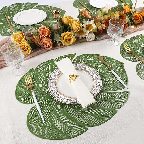 Miniatura 2 de Juego de 8 manteles individuales de vinilo en forma de hoja verde para mesa de comedor, manteles individuales de plástico metálico verde, lavables,