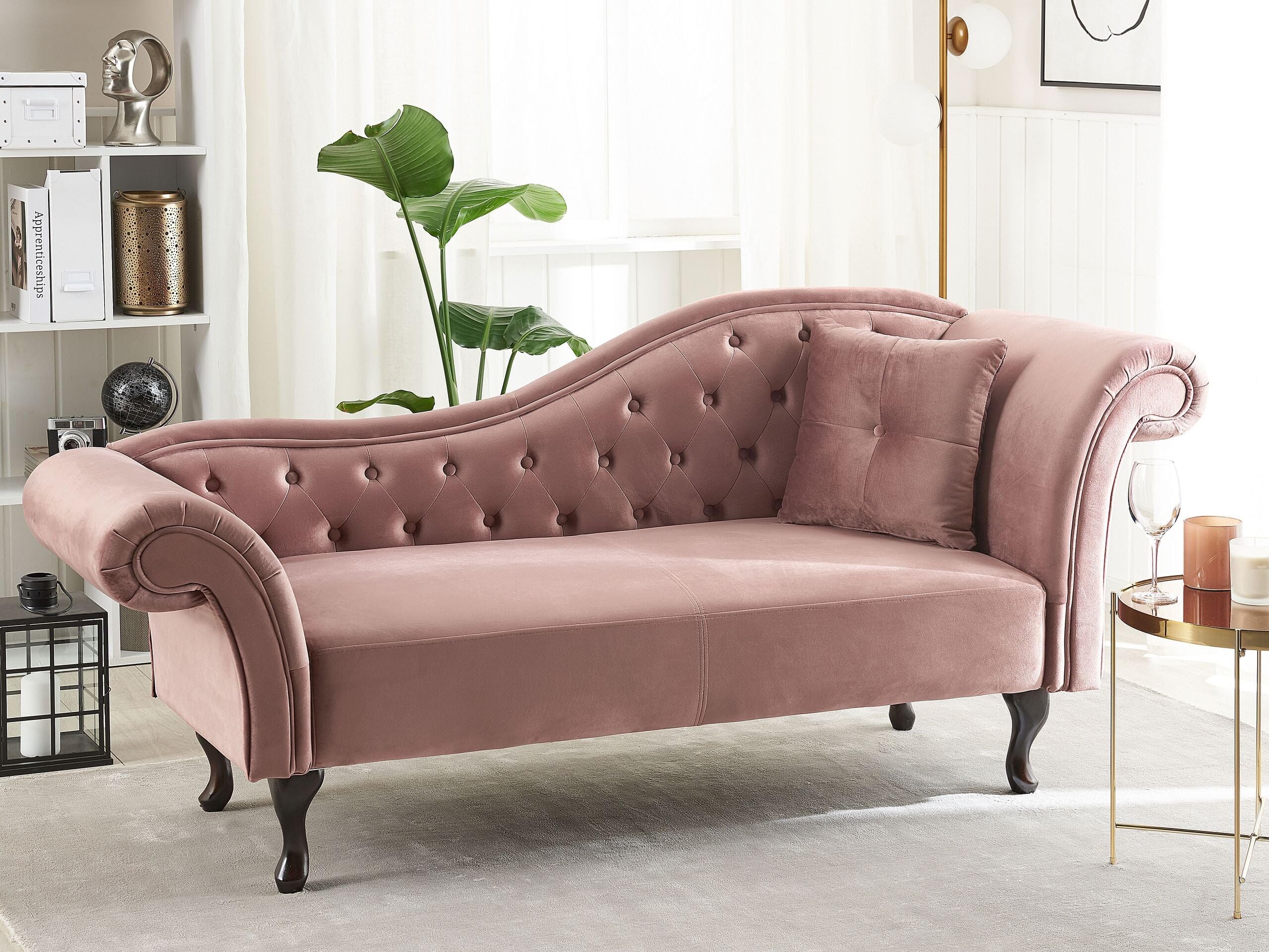Chaiselongue Samt rosa rechts gesteppt mit Kissen Chesterfield-Stil Lattes