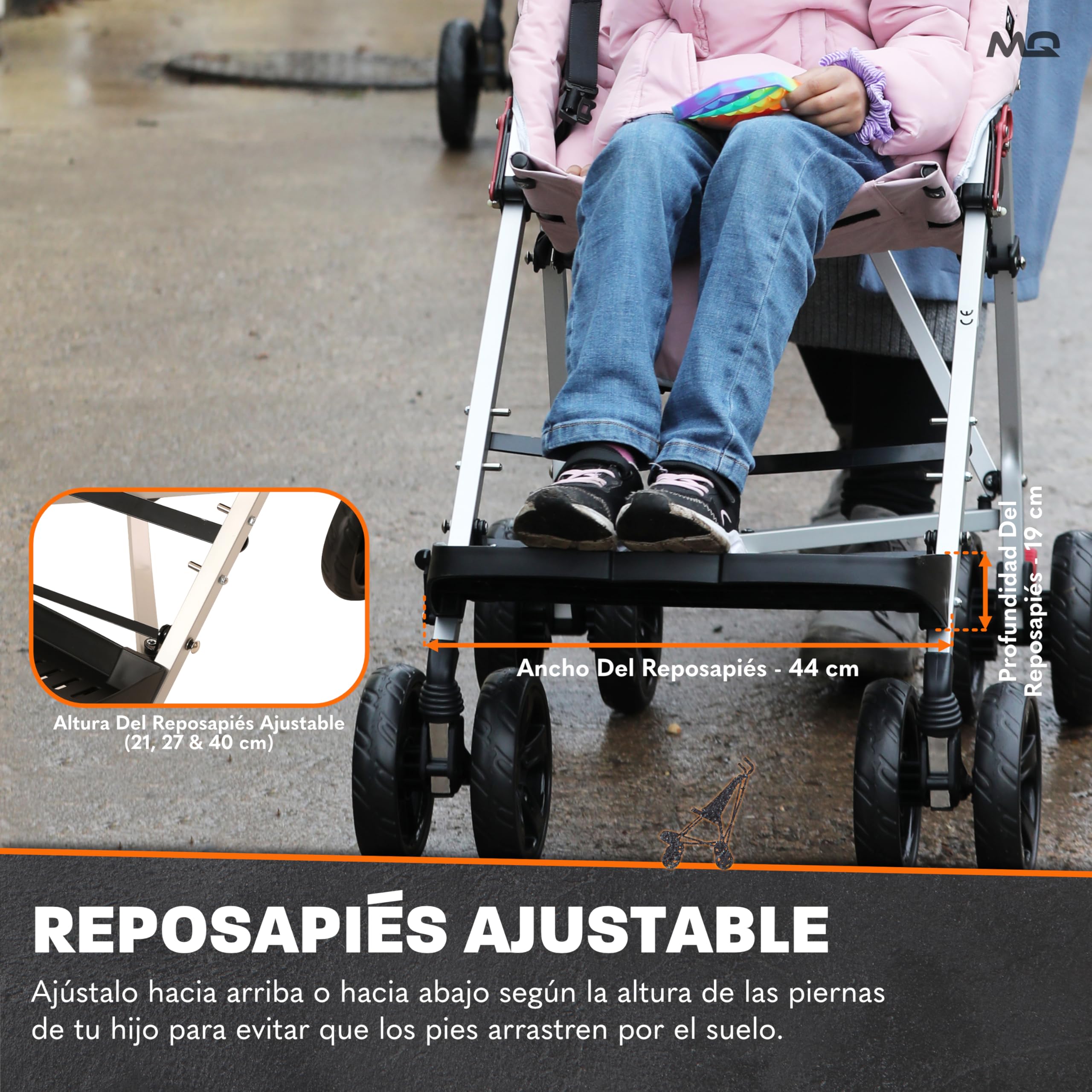 Silla de ruedas para personas con discapacidad MobiQuip XL, arena: ruedas adaptada para niños mayores de hasta 50 kg, con estructura plegable ligera, reposapiés ajustable y arnés de 5 puntos