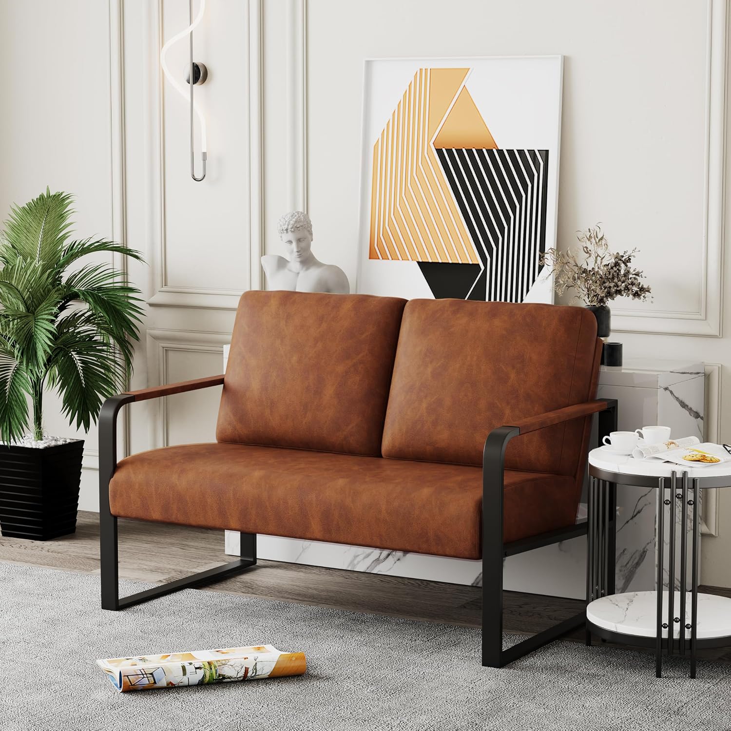 HAOBO Home Loveseat Couch Bench Settee for Living Room, Upholstered Small Sofa Couch PU Leather Banquette Lounge Bench for Dining Room Bedroom Funiture