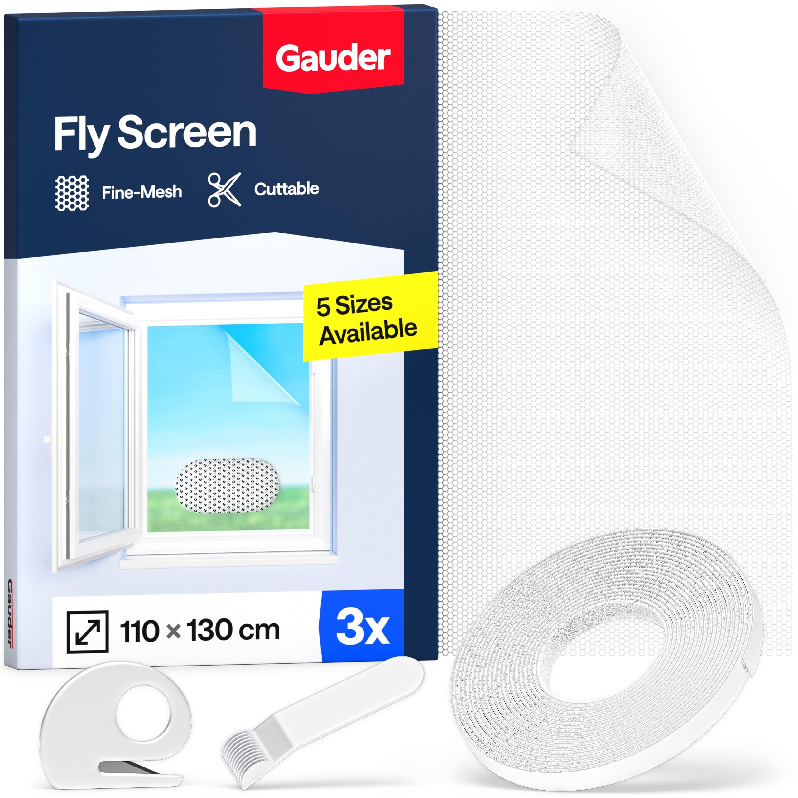 Gauder White Fly Screen For Windows - Self-Adhesive Insect Screen For Windows - Mosquito Net - Cut-To-Size Fine Mesh Window Bug Net (3 Pieces - 110 X 130 Cm - )