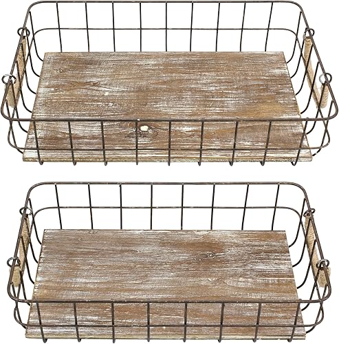 Miniatura 2 de Stonebriar Juego de 2 cestas apilables de alambre de metal y madera con asas envueltas en cuerda, decoración rústica para almacenamiento del hogar,