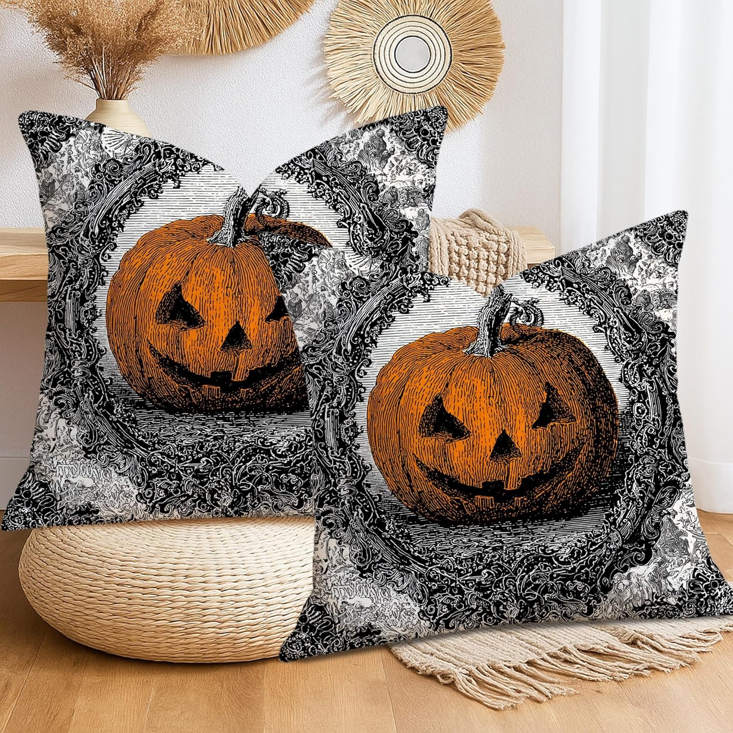 Halloween Throw Pillow Covers Set of 2, Orange Pumpkin Decorative Cushion Cases, Autumn Farmhouse Decor for Home Sofa Bed Couch 28x28 Inch