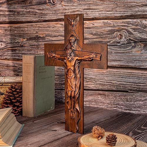 Miniatura 10 de BGCOPPER Crucifijo de pared de crucifijo de la Santísima Trinidad, cruz de Cristo Jesús para pared con gancho, cruz de madera hecha a mano para