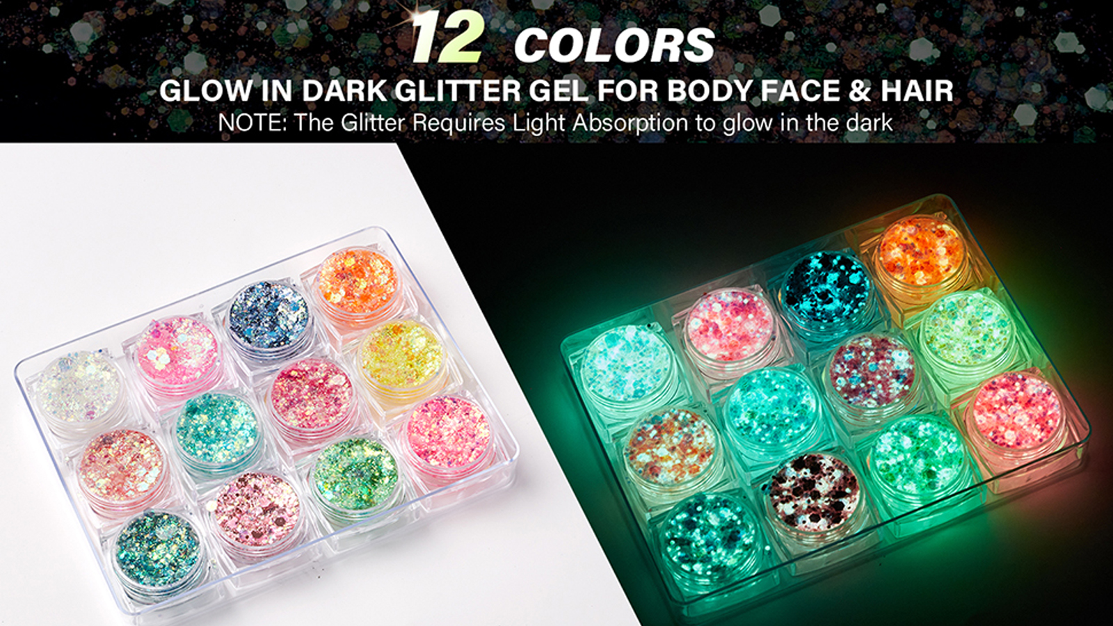 Amazon.com : 12 Colors Glow in The Dark Glitter Gel, UV Black