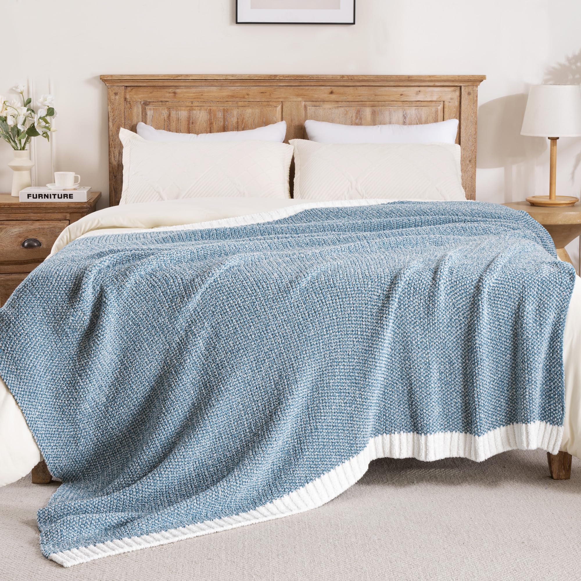 Exclusivo Mezcla Karierte Decke, Weiche Gestrickte Kuscheldecke, Kuschelige Karo Fleecedecke, Leichte Flauschige Decke für Sofa und Bett, 150x200 cm, Meliertes Steingraublau
