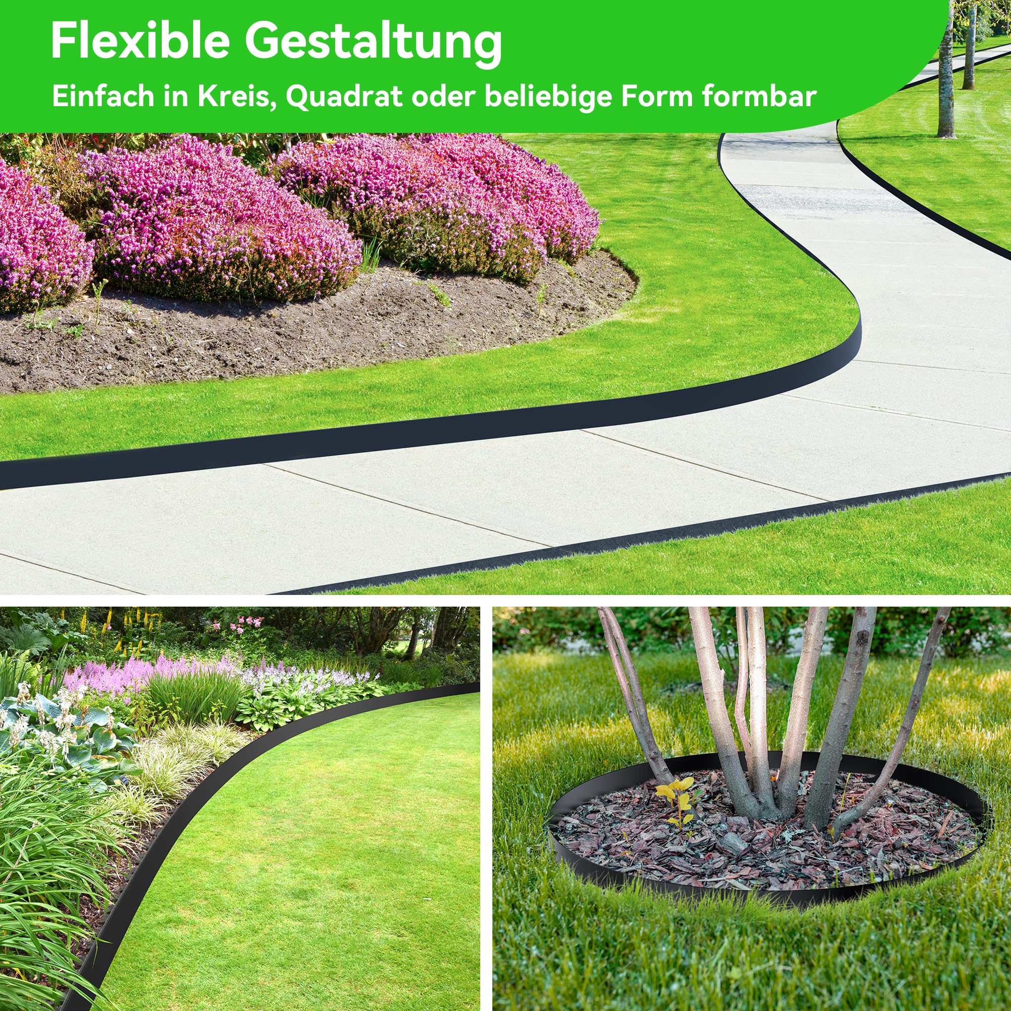 10cm Hoch 12m Kein-Graben Rasenkante mit 60 Stück 20cm Kunststoff Erdanker & 4 Verbindungsstücke – Garten Rasenkanten-Set mit Schere für Landschaftsbau, Rasen, Blumenbeete und Garten