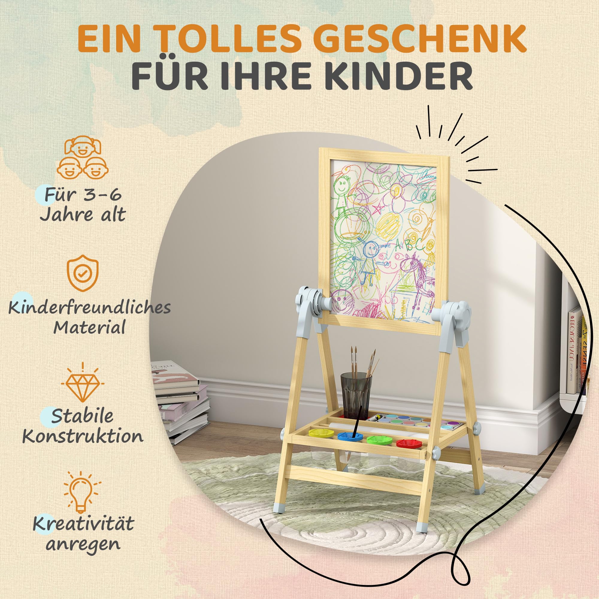 AIYAPLAY Kinder Staffelei aus Holz, Kindertafel Doppelseitige Whiteboard und Tafel Höhenverstellbar Magnetische Standtafel mit Papierrolle, Ablage, für Kinder Jungen & Mädchen 3-6 Jahre