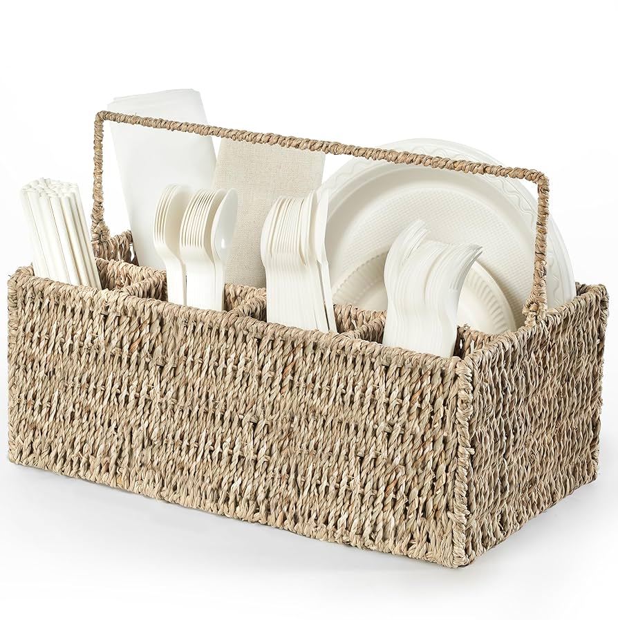 Hand-Woven Large Wicker Utensil Caddy, Outdoor Silverware Caddy for Party, Cutlery Holder, Utensil Holder for Party, Napkin and Utensil Holder with Handle (Seagrass)