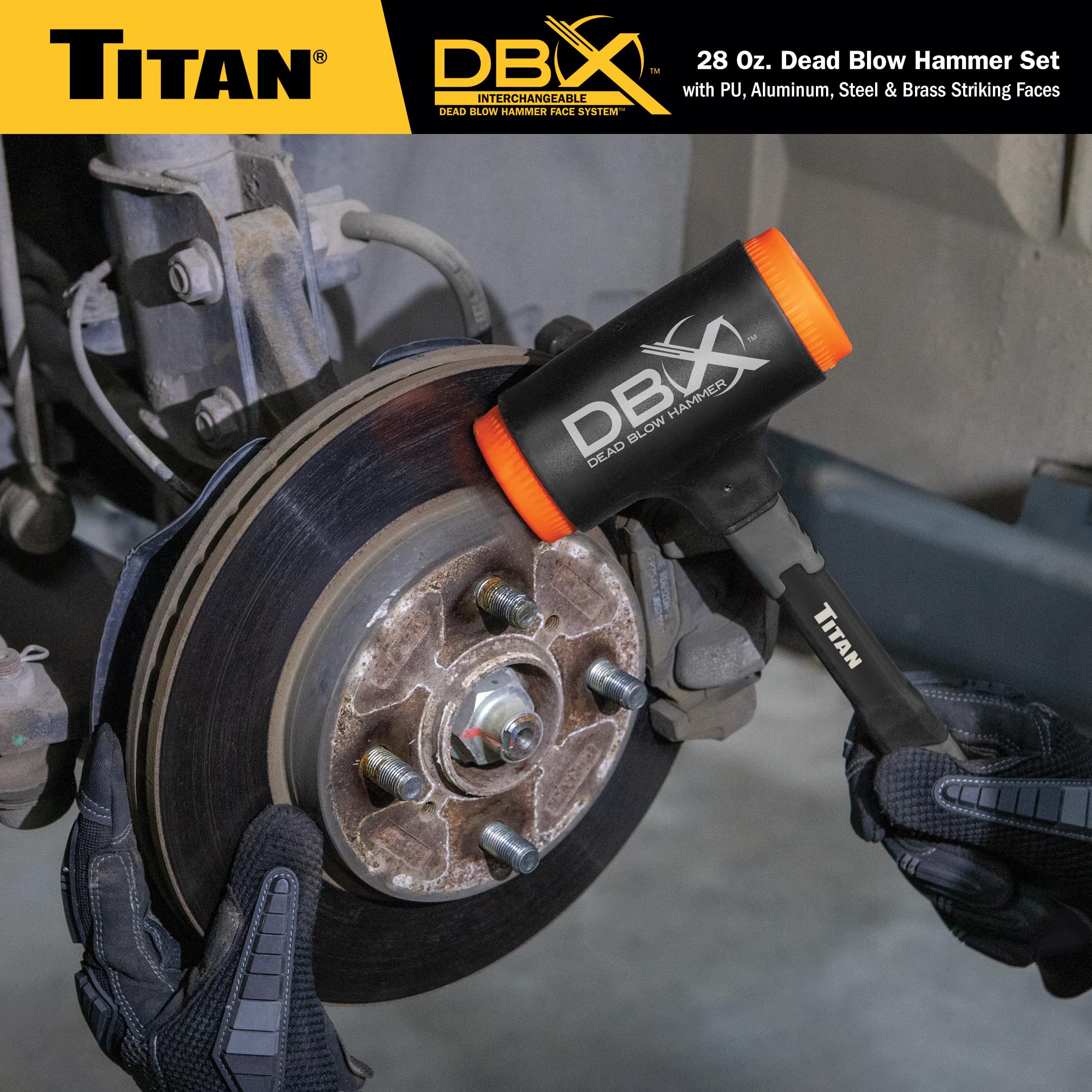 Titan DBX 63634 - Juego de martillo de soplado muerto de 28 onzas con caras intercambiables de poliuretano, acero, aluminio y latón